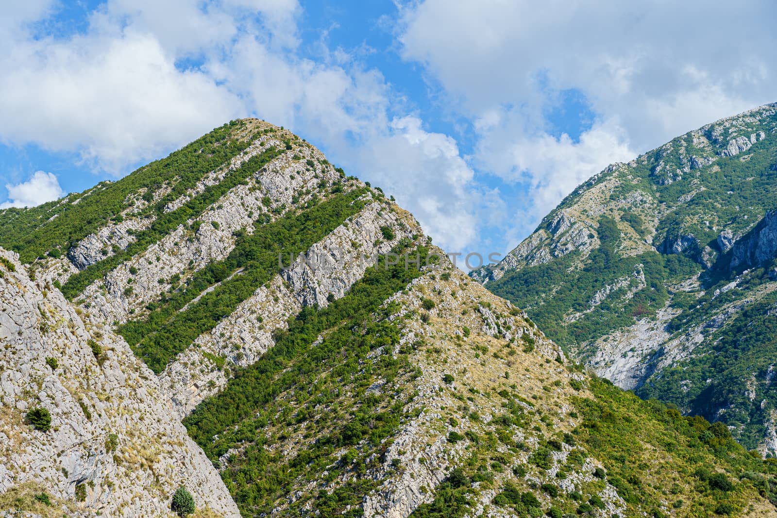 peaks and slopes of mountains covered with vegetation against a blue sky with clouds