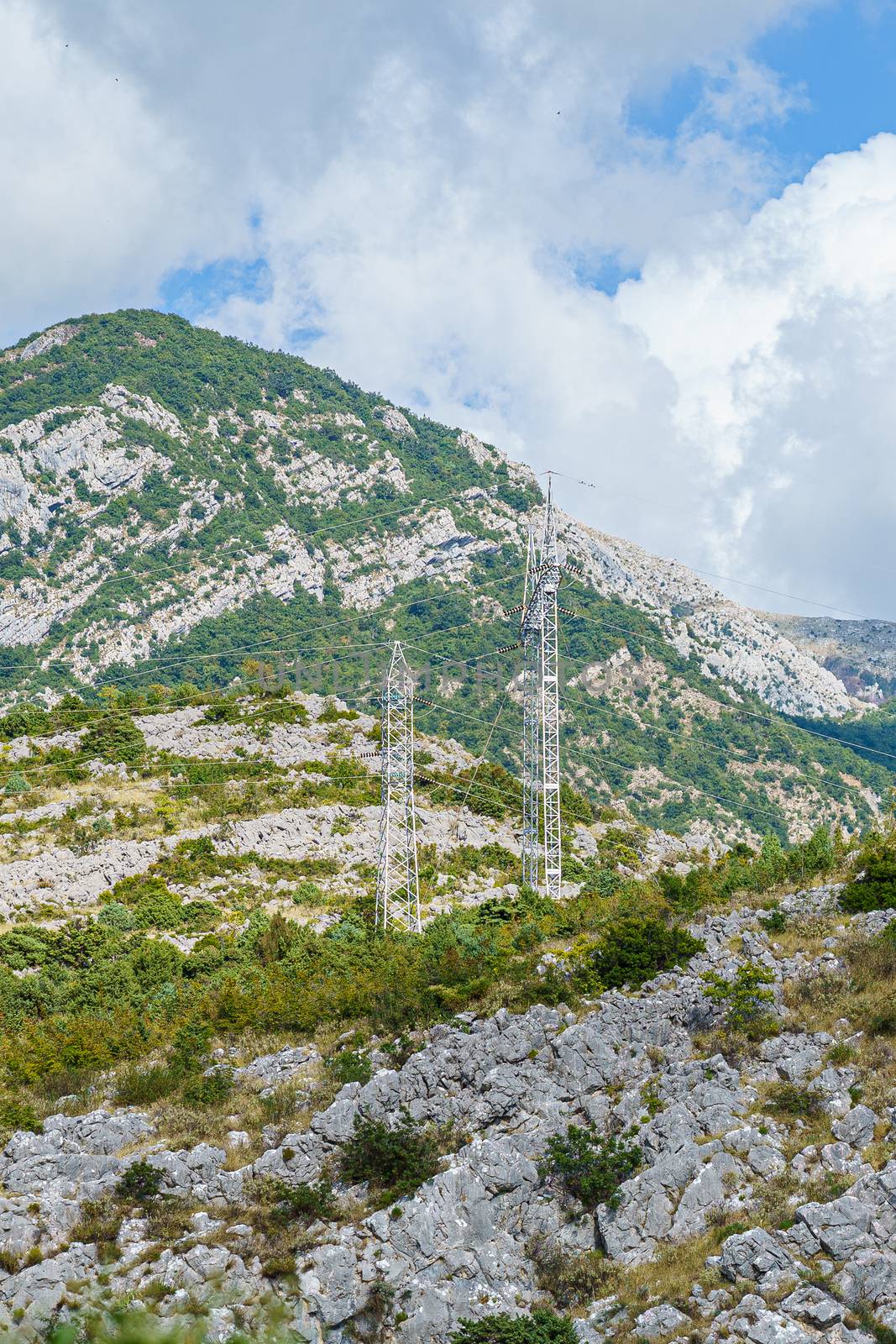 mountainside covered with vegetation and power transmission towers by VADIM