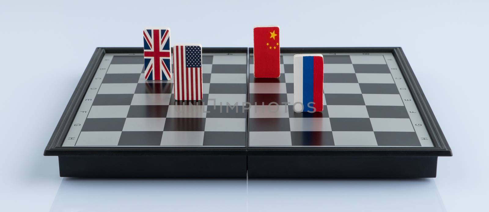 Symbols flag of Russia, USA, China and England on the chessboard. The concept of political game.