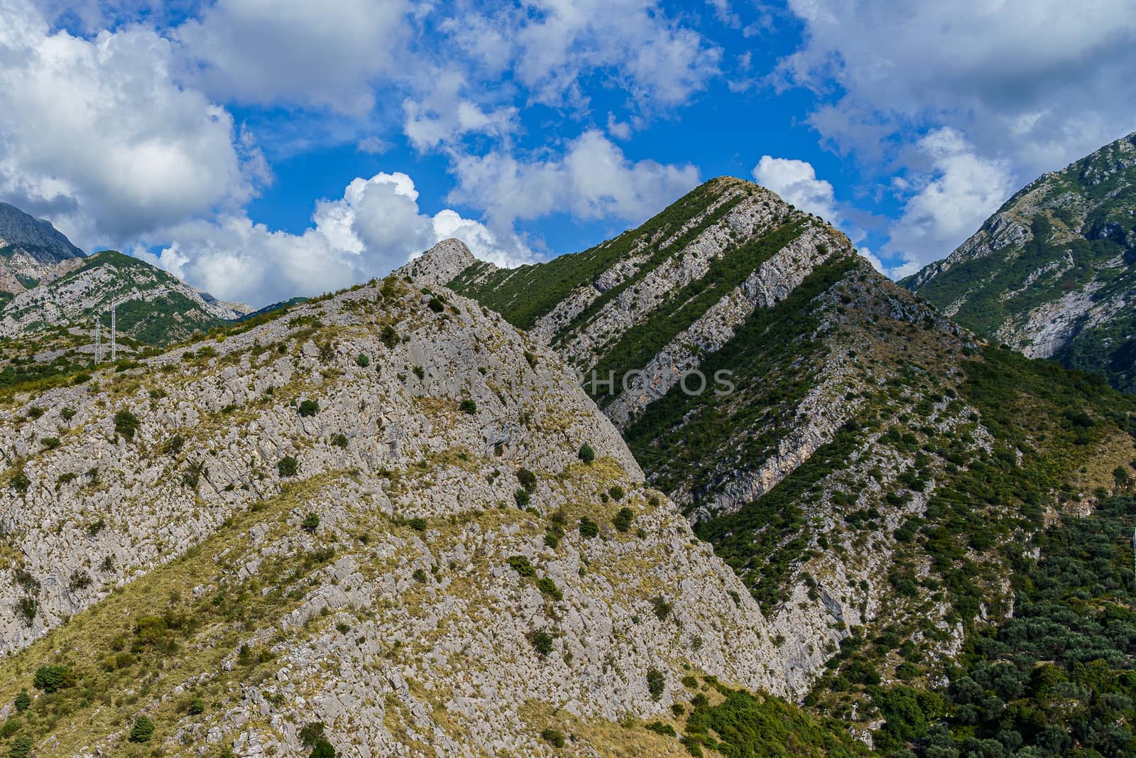 peaks and slopes of mountains covered with vegetation against a blue sky  by VADIM