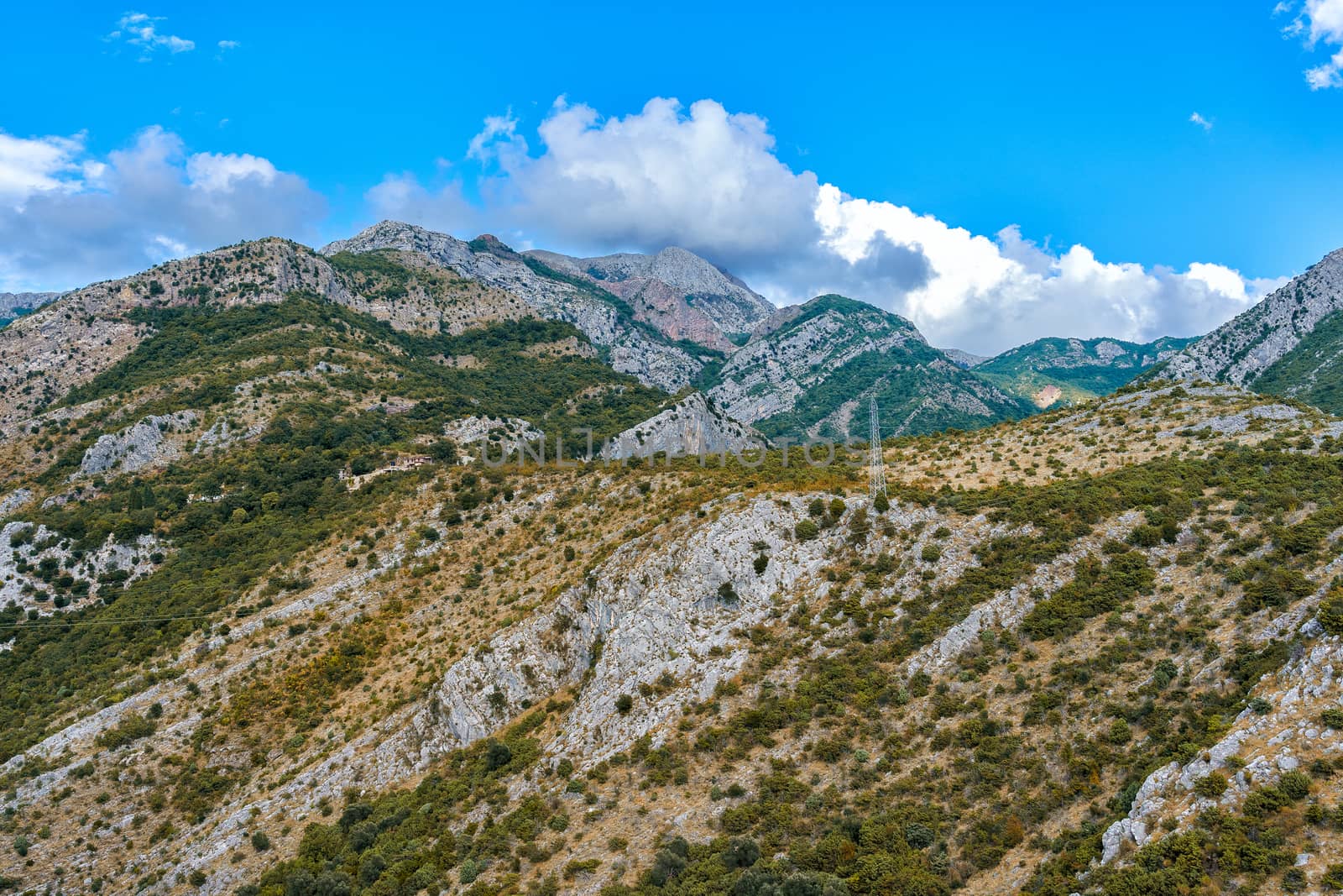 peaks and slopes of mountains covered with vegetation against a blue sky with clouds