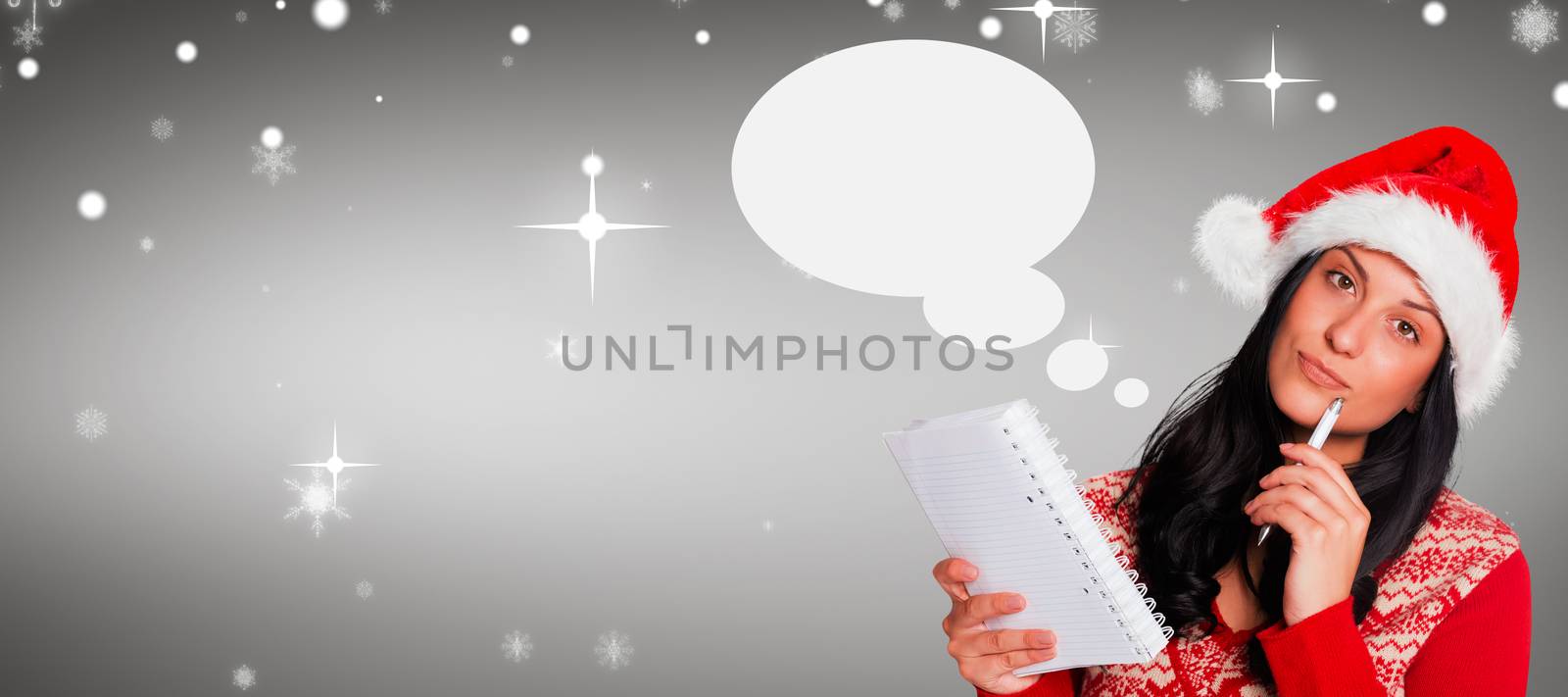 Composite image of woman thinking what to write by Wavebreakmedia