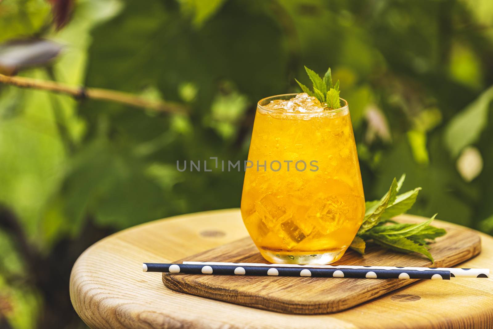 Orange fresh drink with ice on summer sunny garden background. Fresh cocktail drinks with ice fruit and herb decoration.	
