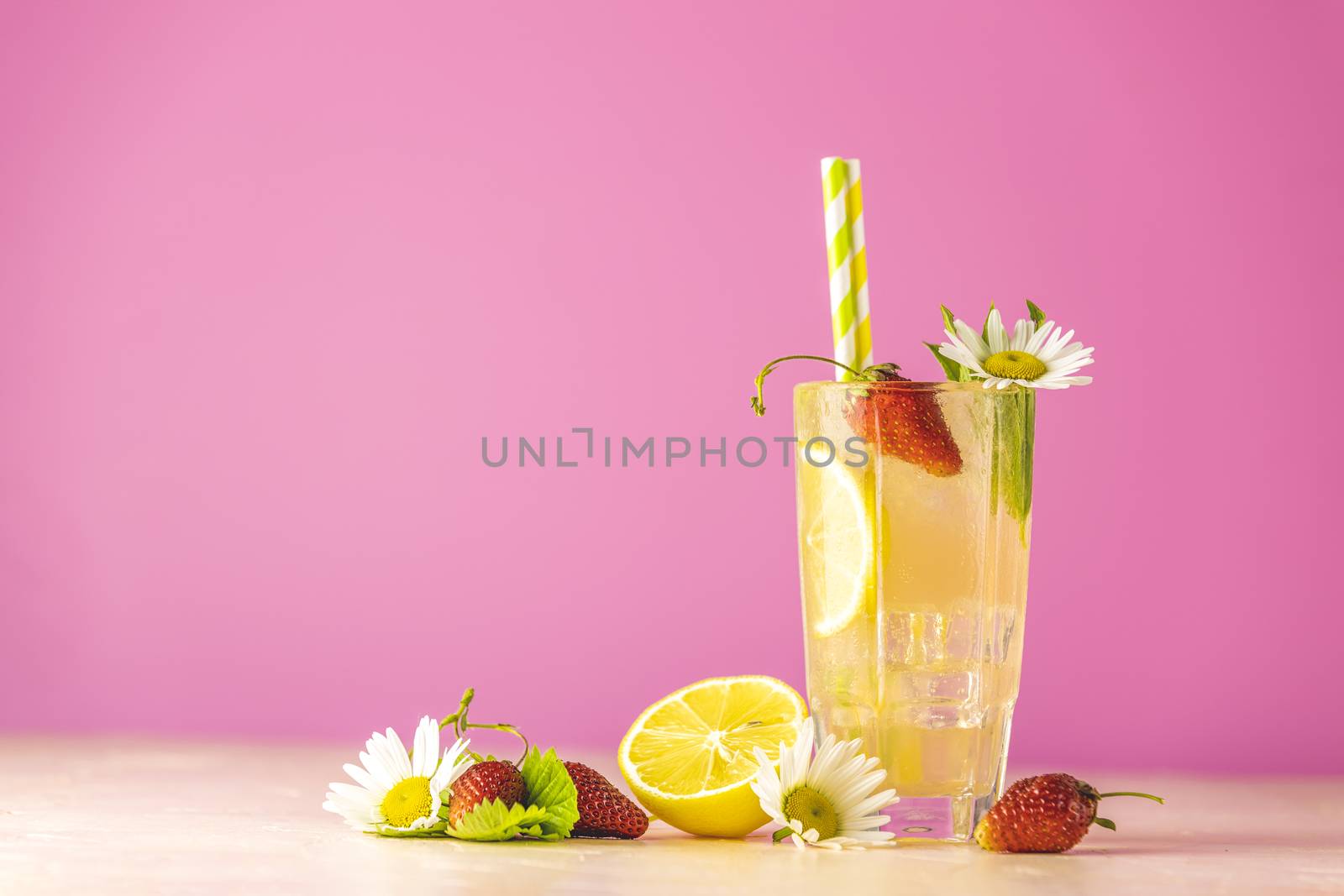 Glasses of cold icy refreshing drink with lemon and strawberry. Bright pink background.  Fresh cocktail drinks with ice fruit, herb and chamomile decoration.