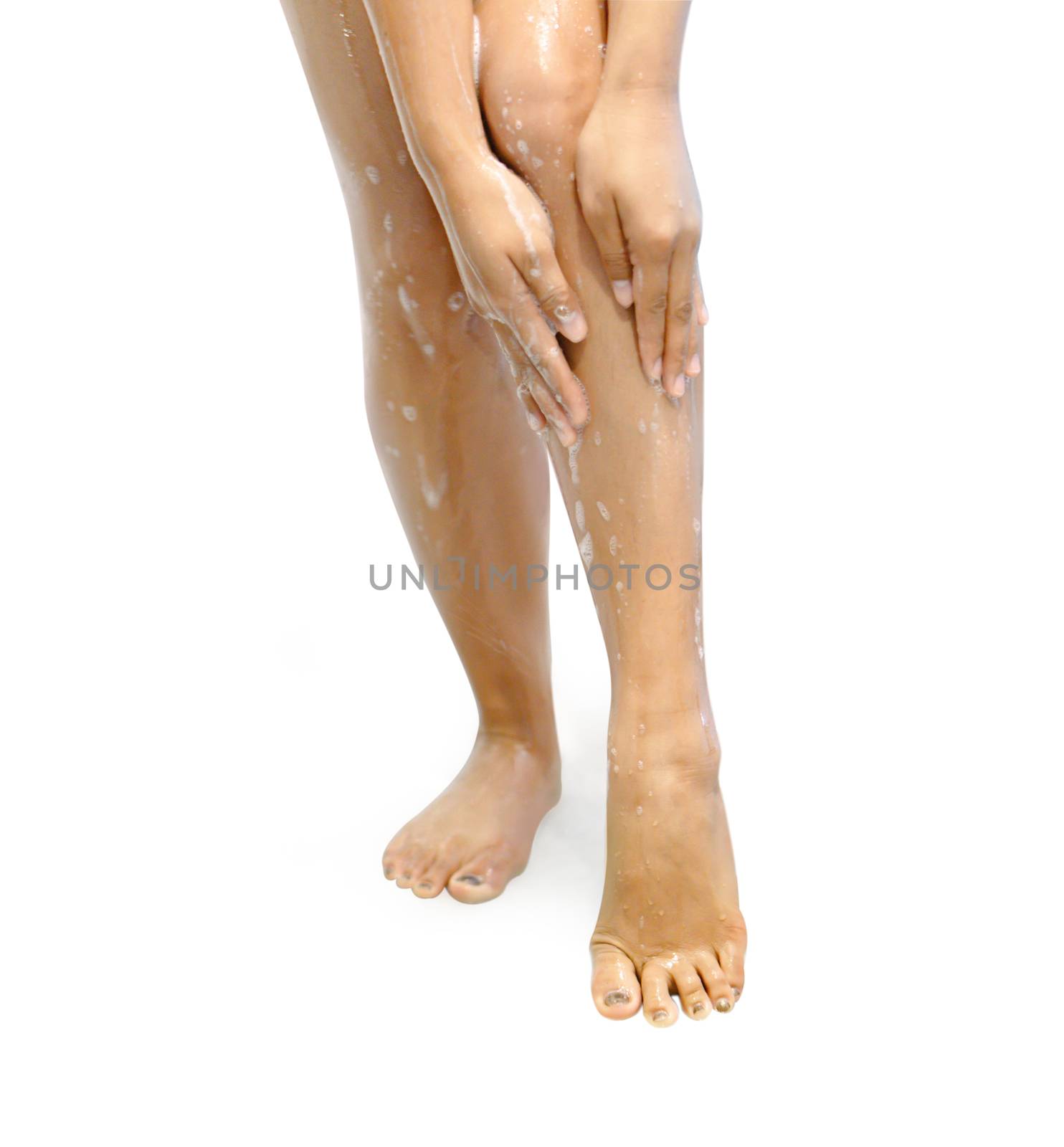 Woman legs with taking a shower isolated on white background, he by pt.pongsak@gmail.com