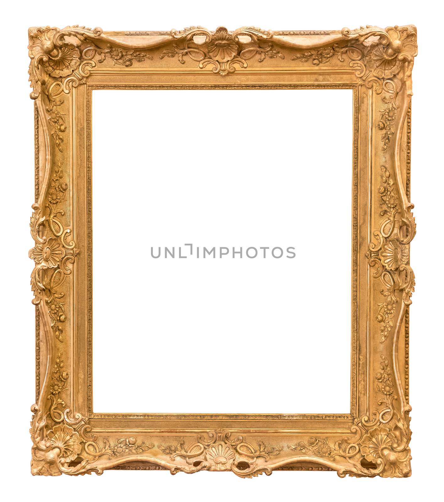 Rectangle decorative golden picture frame isolated on white background with clipping path