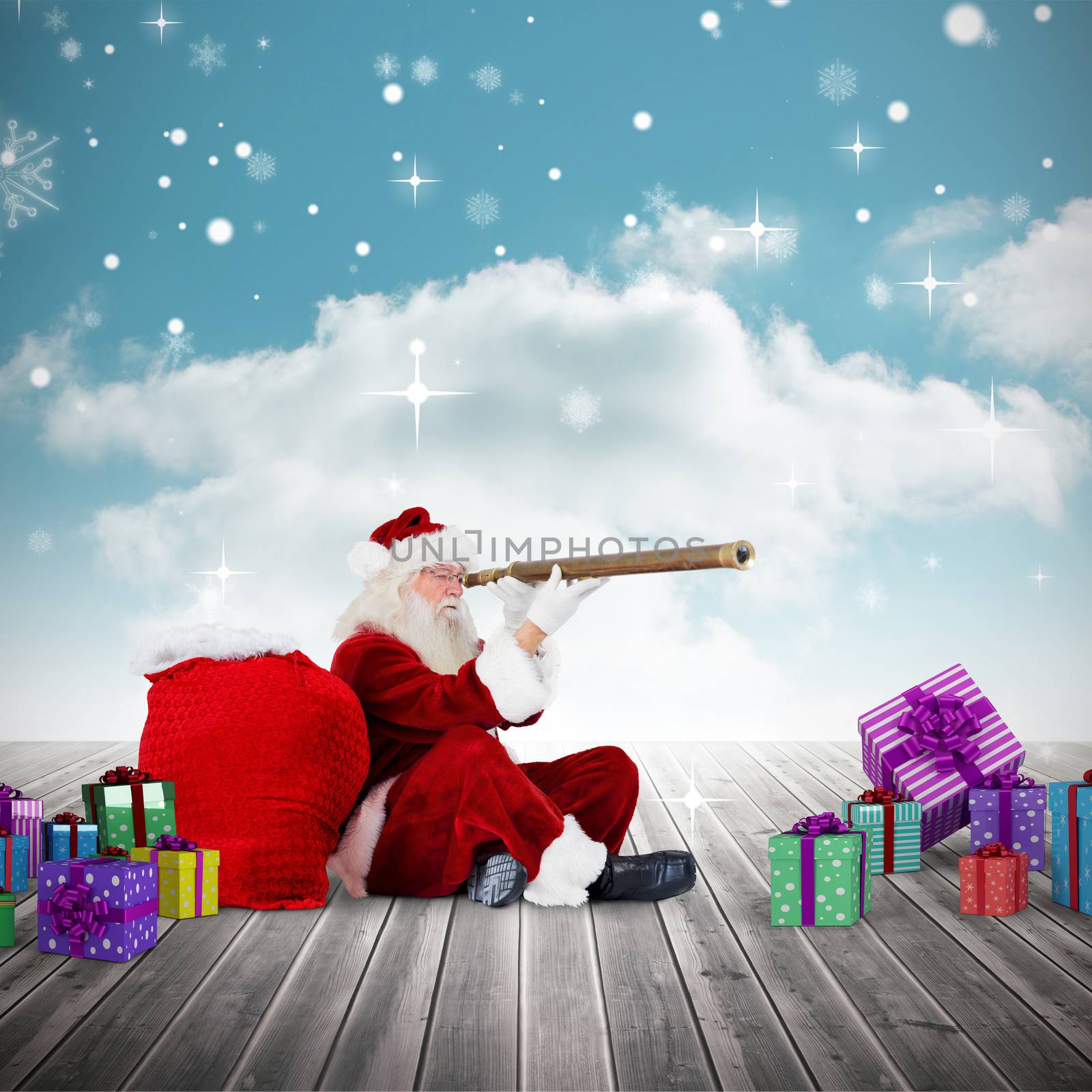 Santa looking through a telescope against cloudy sky background