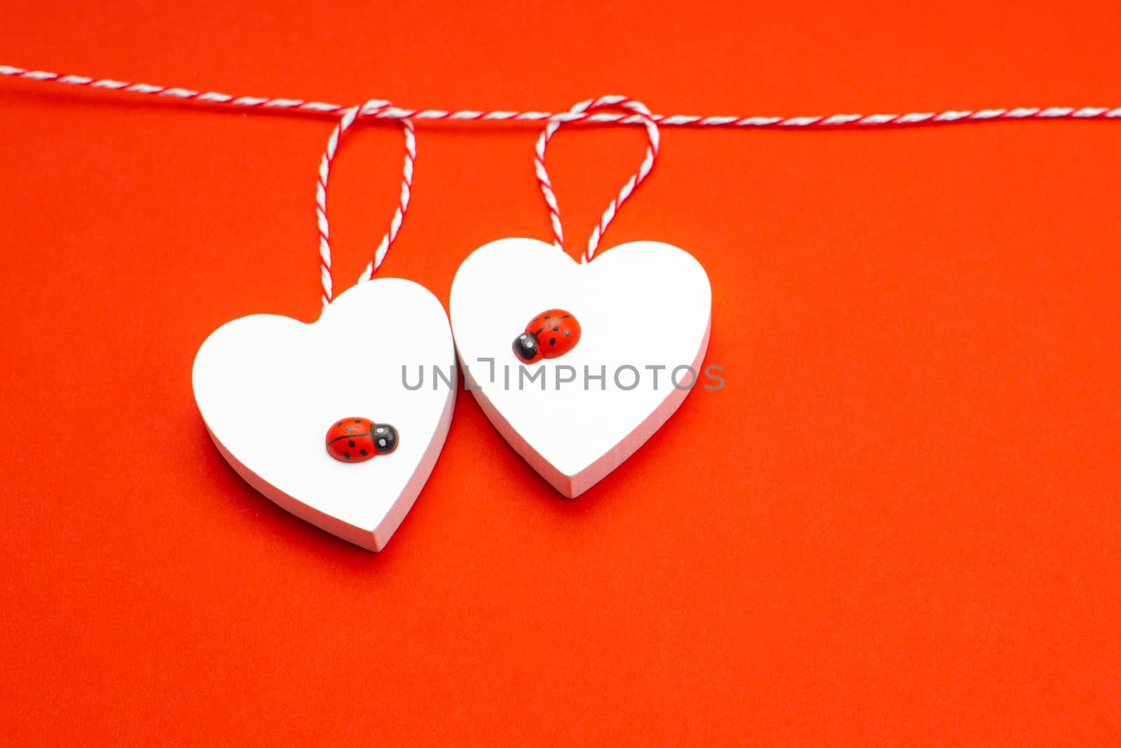 Valentine's Day. White wooden hearts on a red background and red ladybugs. Blank for the designer. Valentines day concept. Greeting card. Copy space. by nkooume