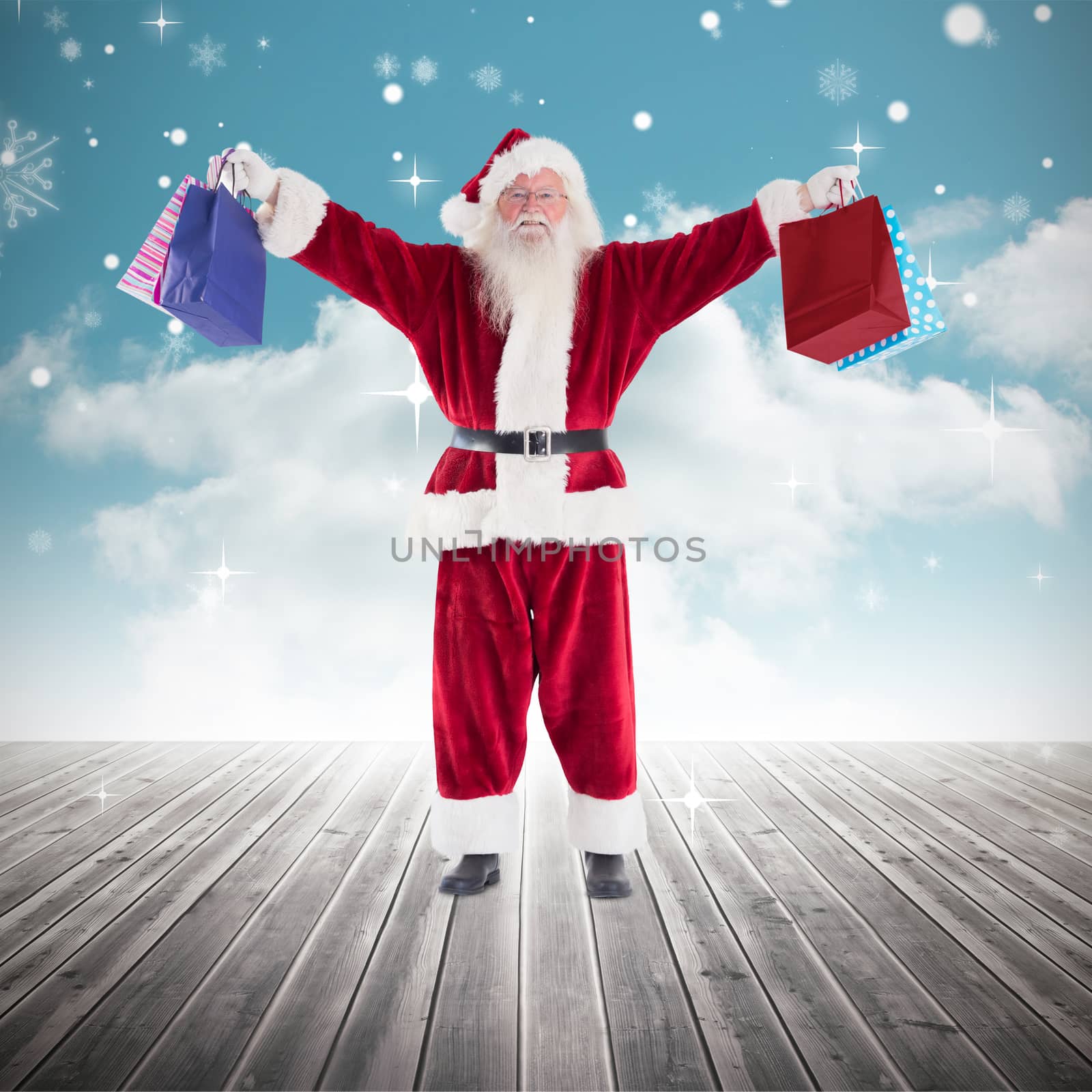 Santa carrying gifts against cloudy sky background