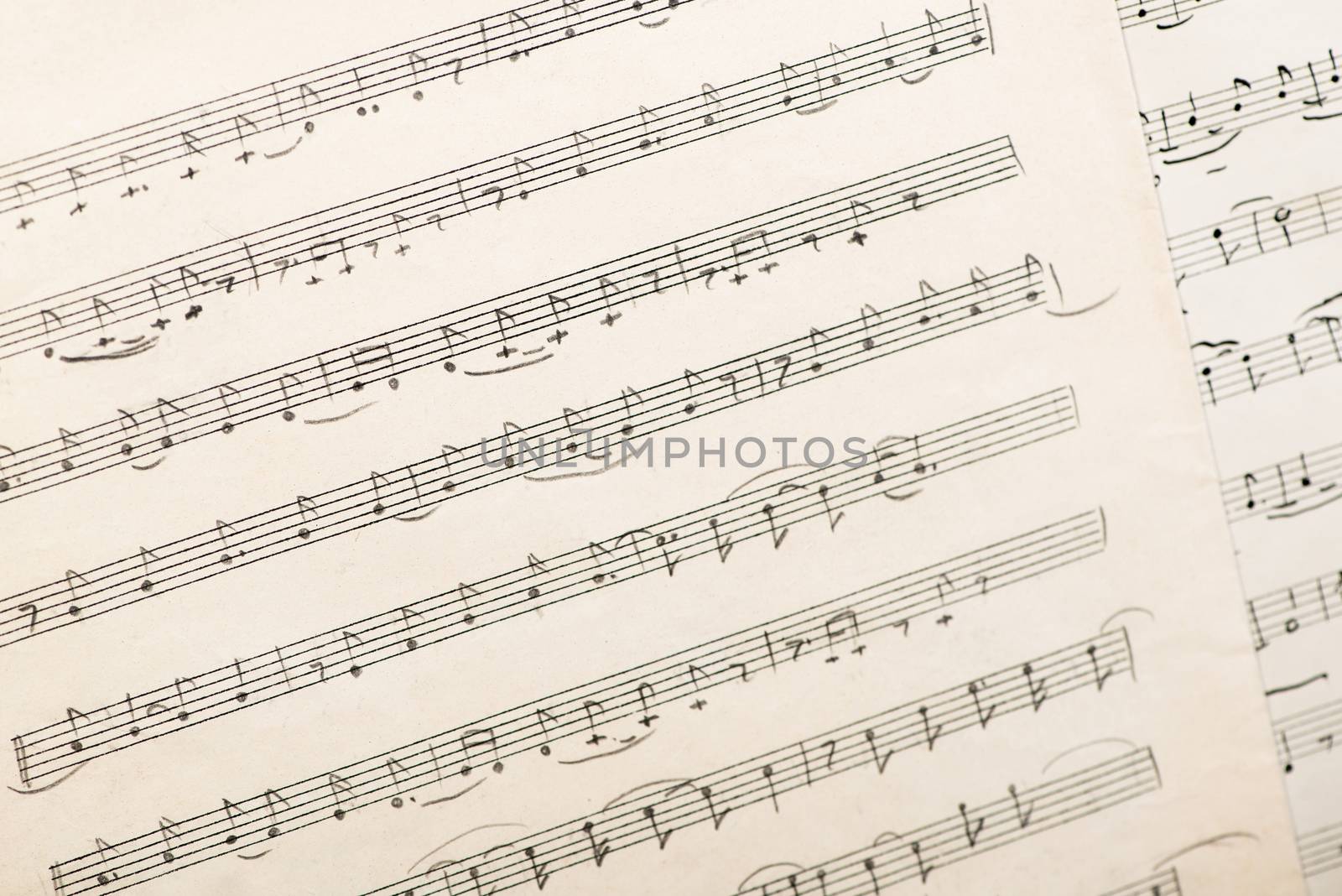 Tashkent, Uzbekistan - October 6, 2018. The work of the Uzbek folk composer Yunus Rajabi. Vintage sheet of paper with handwritten musical notes.