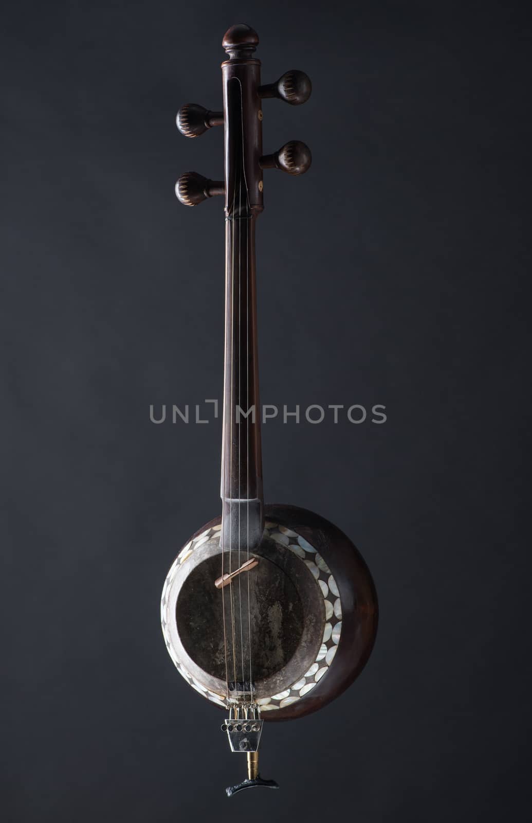 ancient Asian stringed musical instrument on black background with backlight