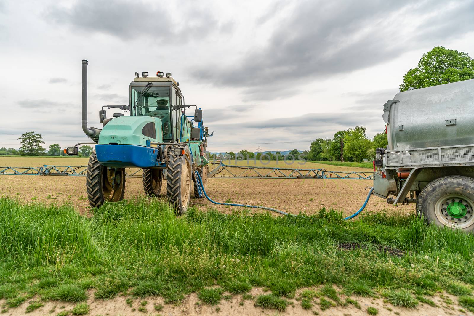 spraying weeds in a field by a tractor with a sprayer.