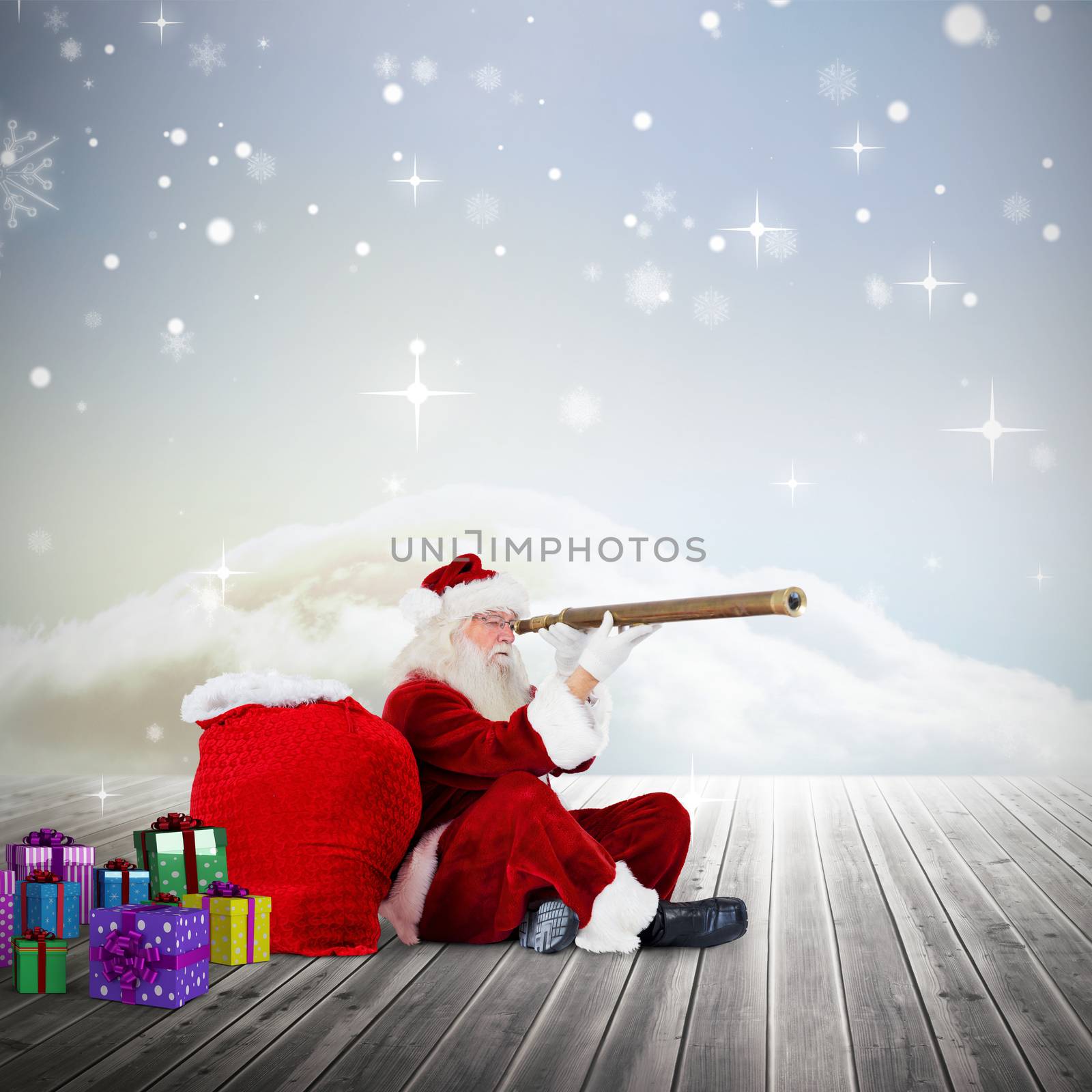 Santa looking through telescope against clouds on the horizon