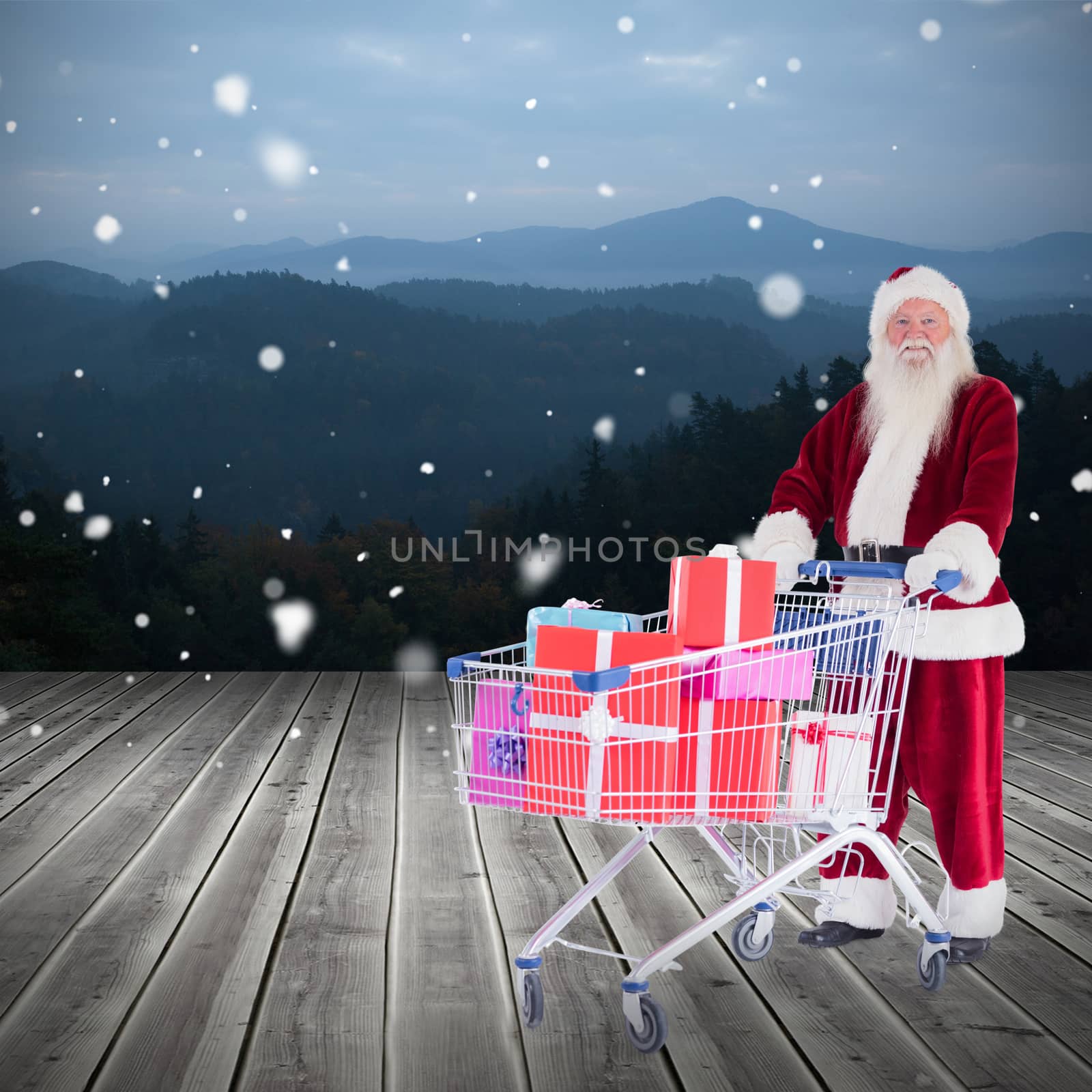 Santa delivering gifts from cart against wooden planks against mountains