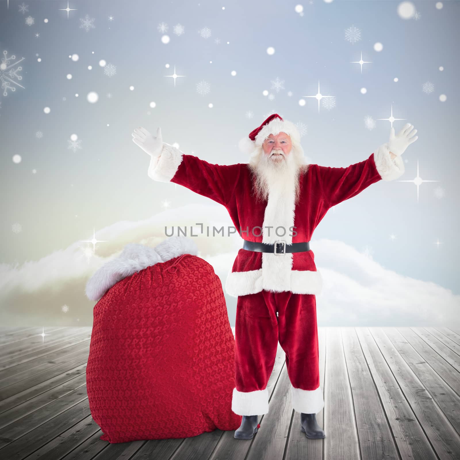 Composite image of happy santa with sack of gifts by Wavebreakmedia