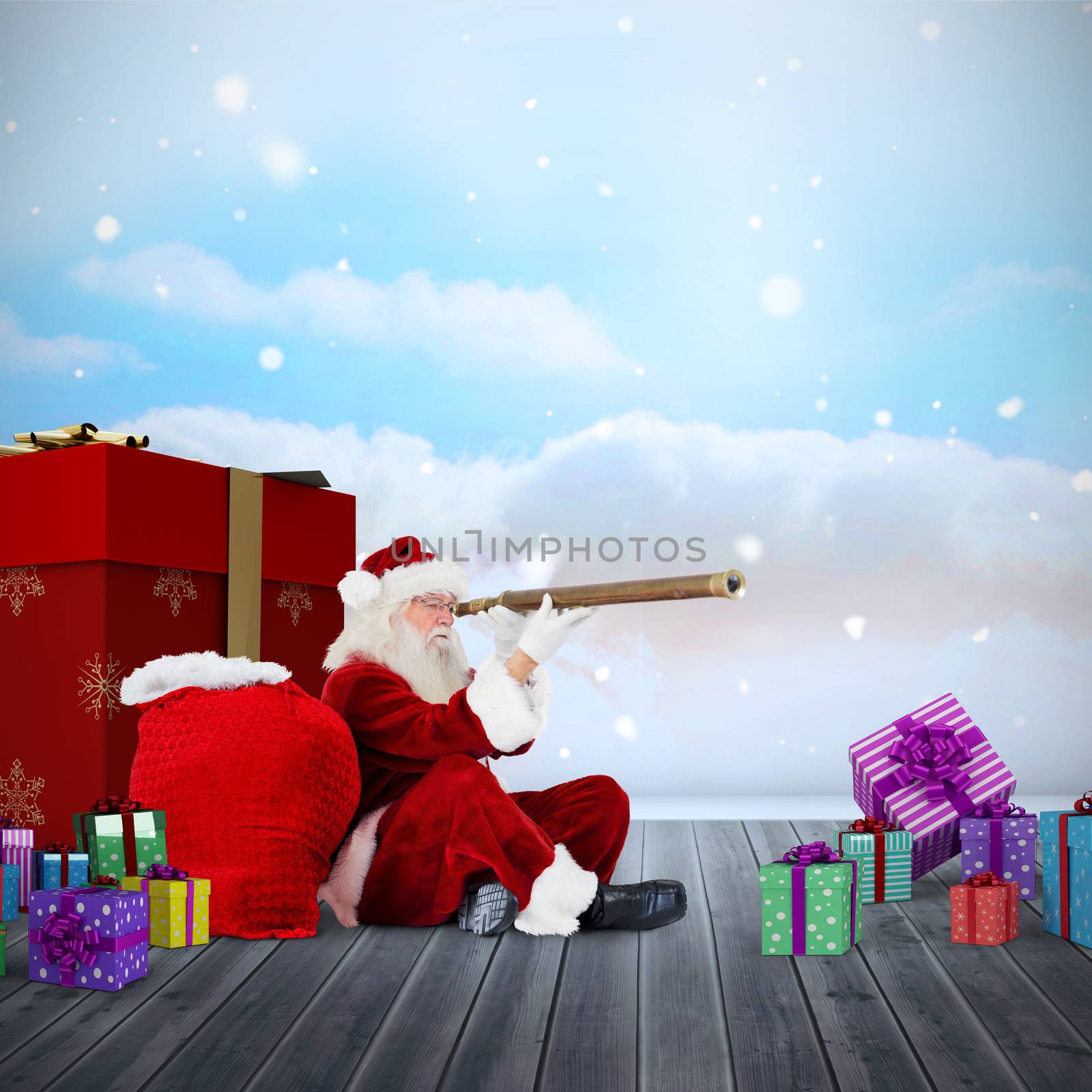 Santa looking through a telescope against clouds in a room
