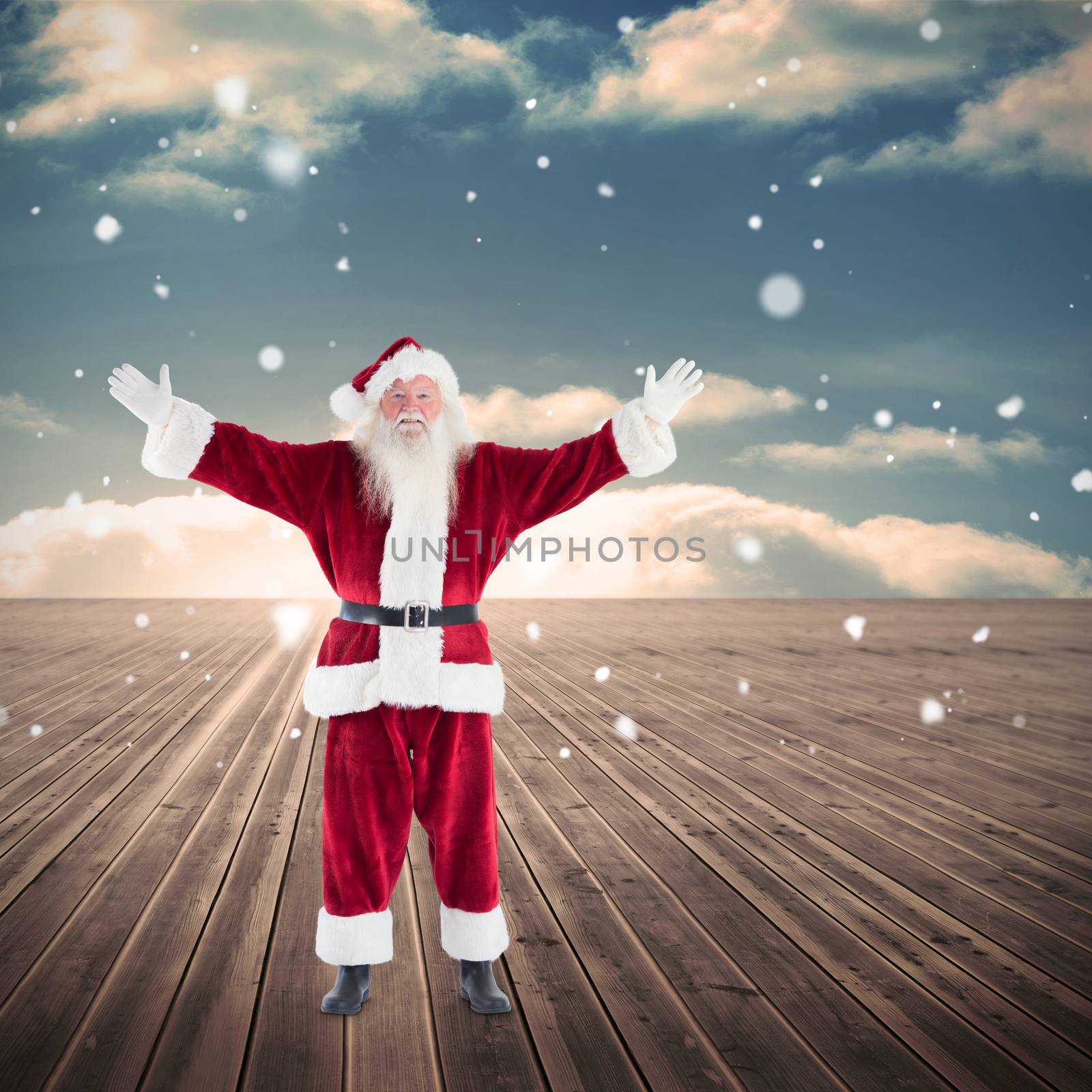 Santa with arms out against wooden planks leading to blue sky
