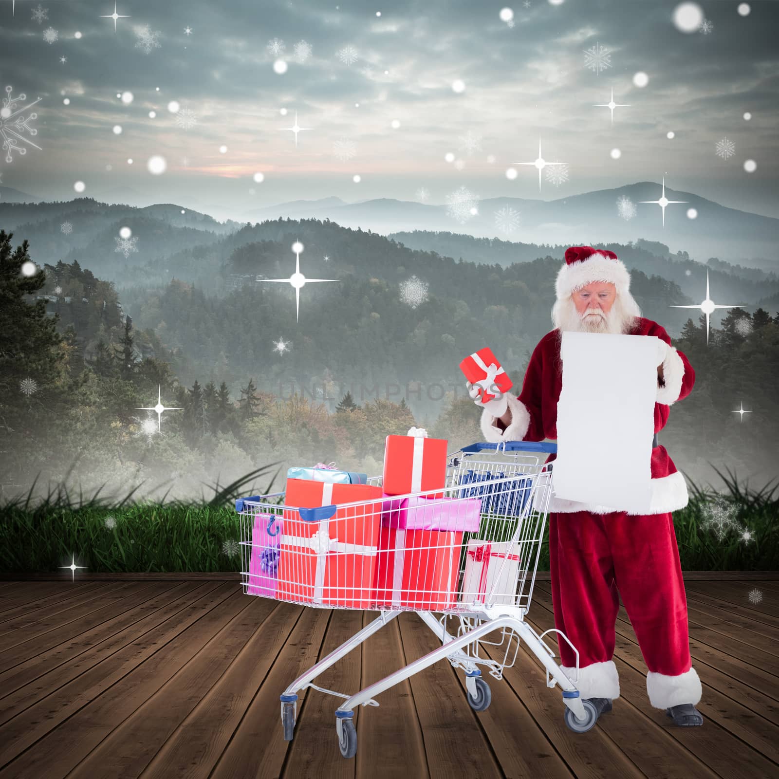Composite image of santa delivering gifts from cart by Wavebreakmedia