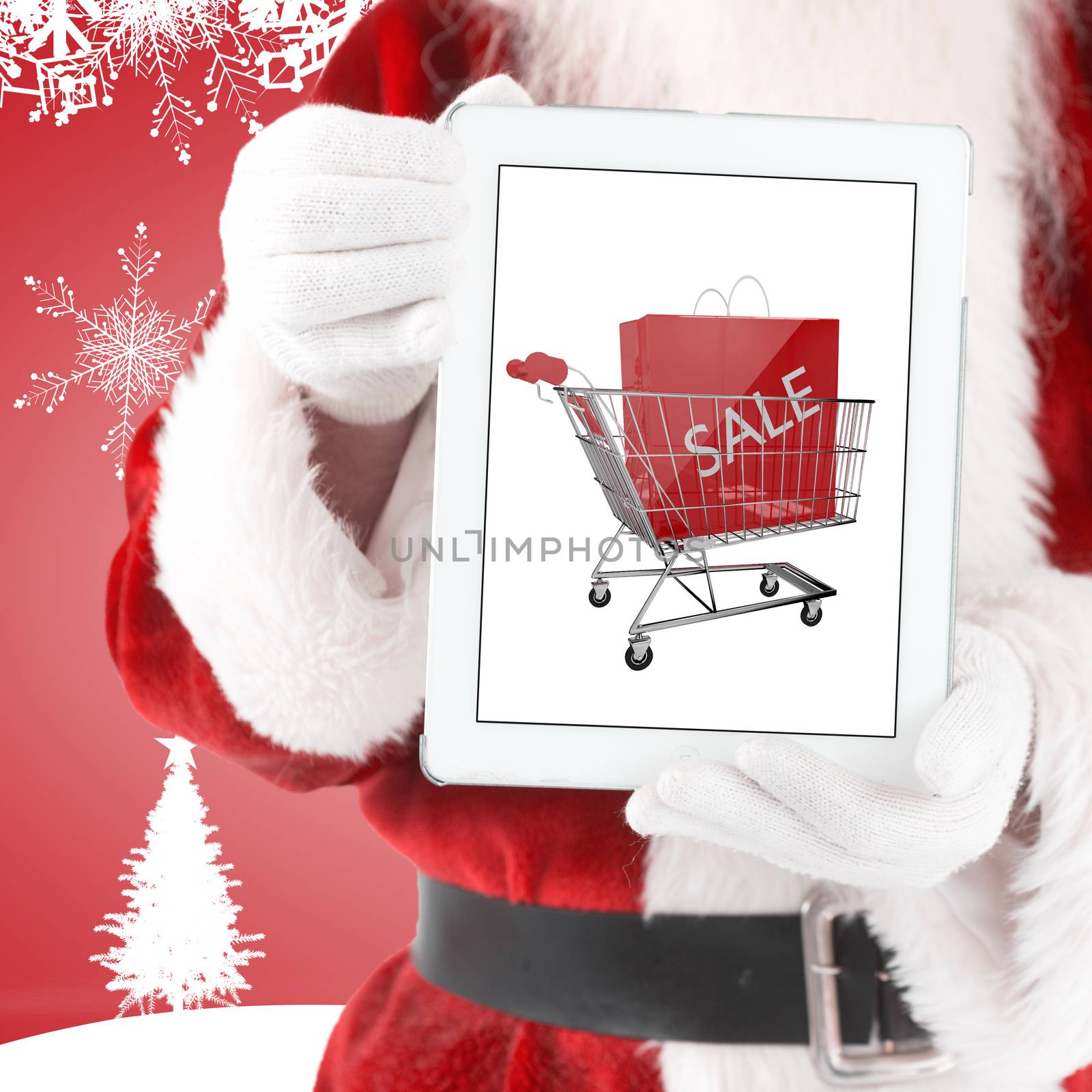 Santa claus showing tablet pc against fir tree silhouette over red