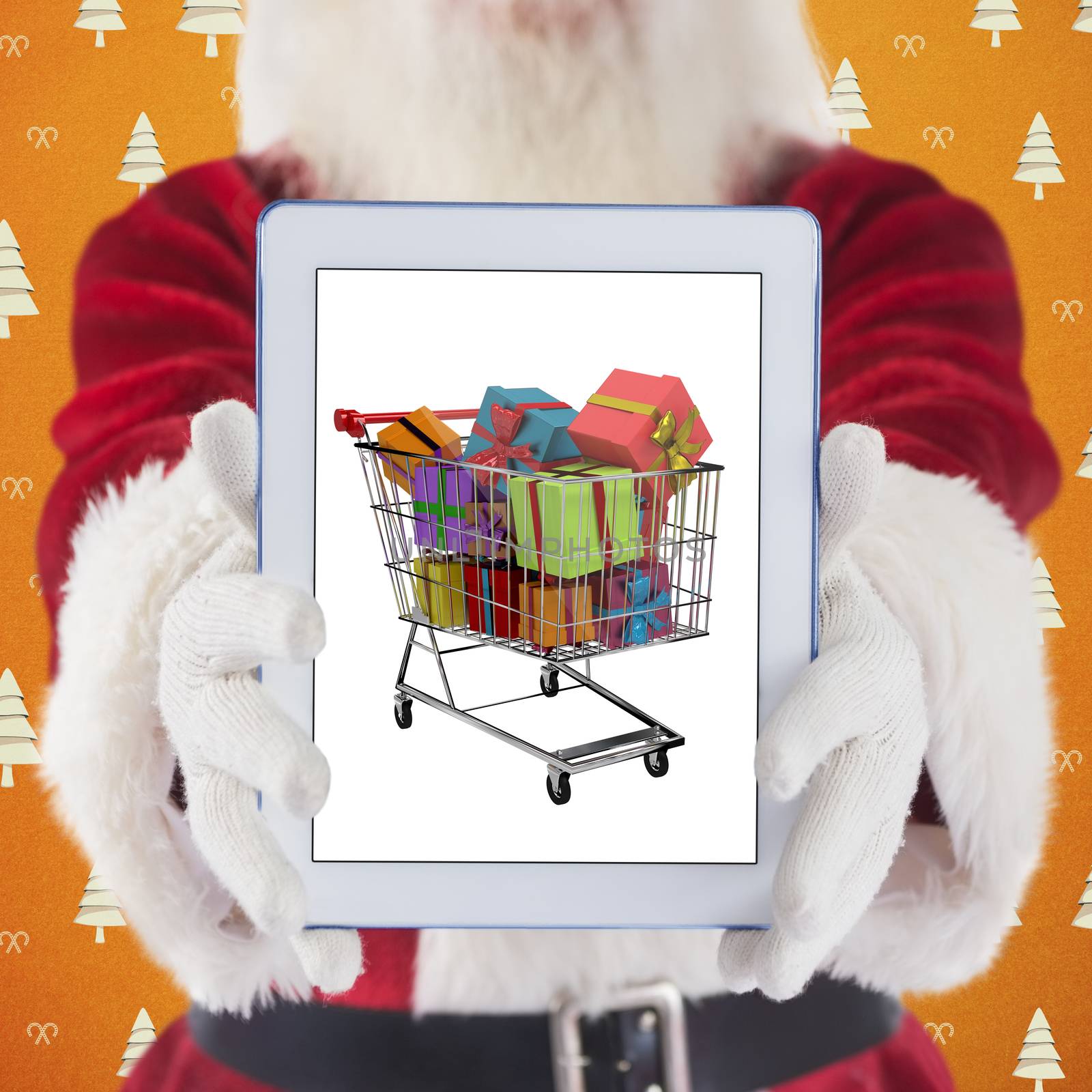 Santa presents a tablet PC against orange tree pattern