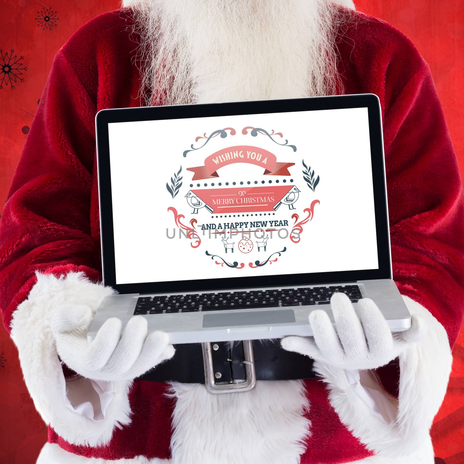 Santa Claus presents a laptop against red snow flake background