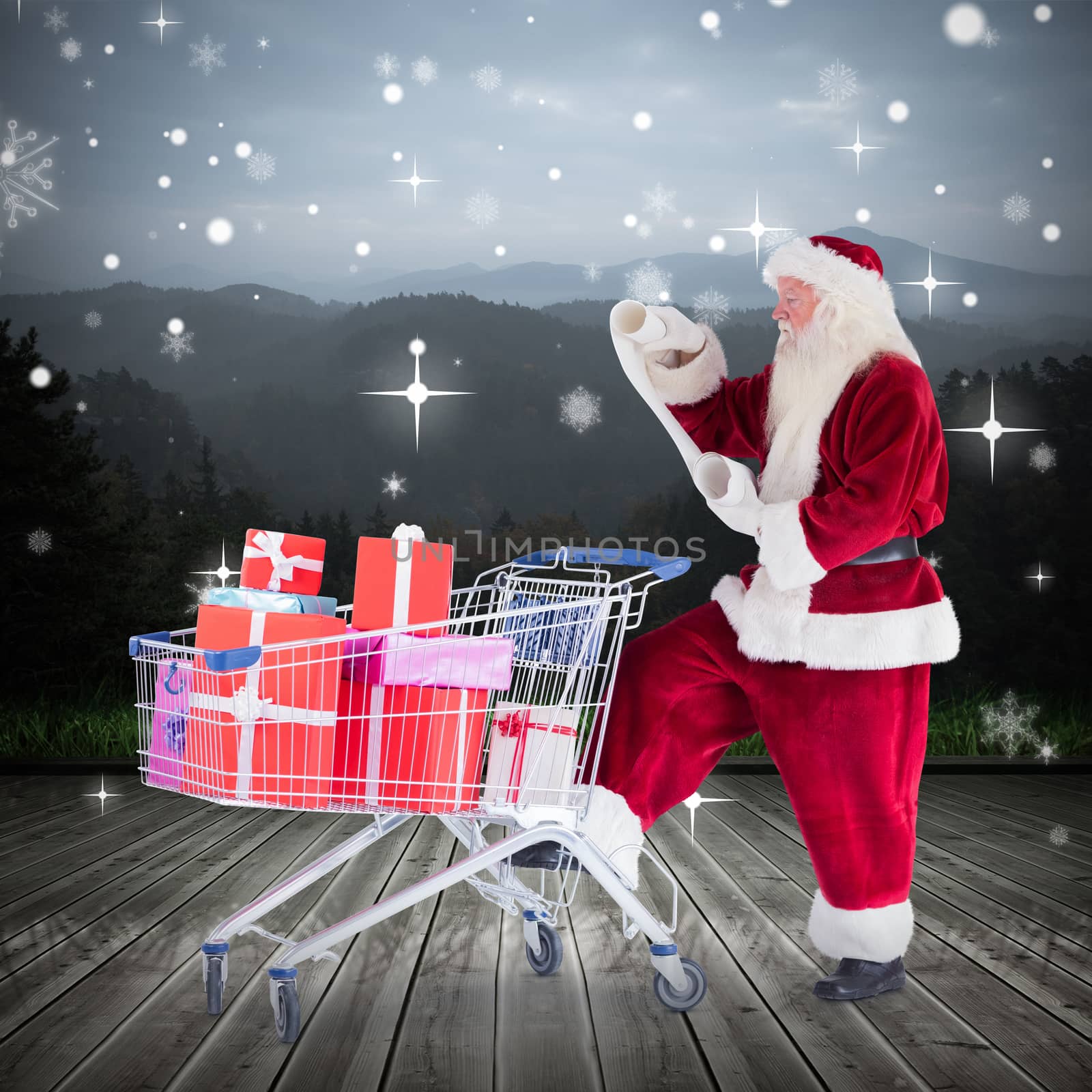 Santa delivering gifts from cart against wooden planks against mountains