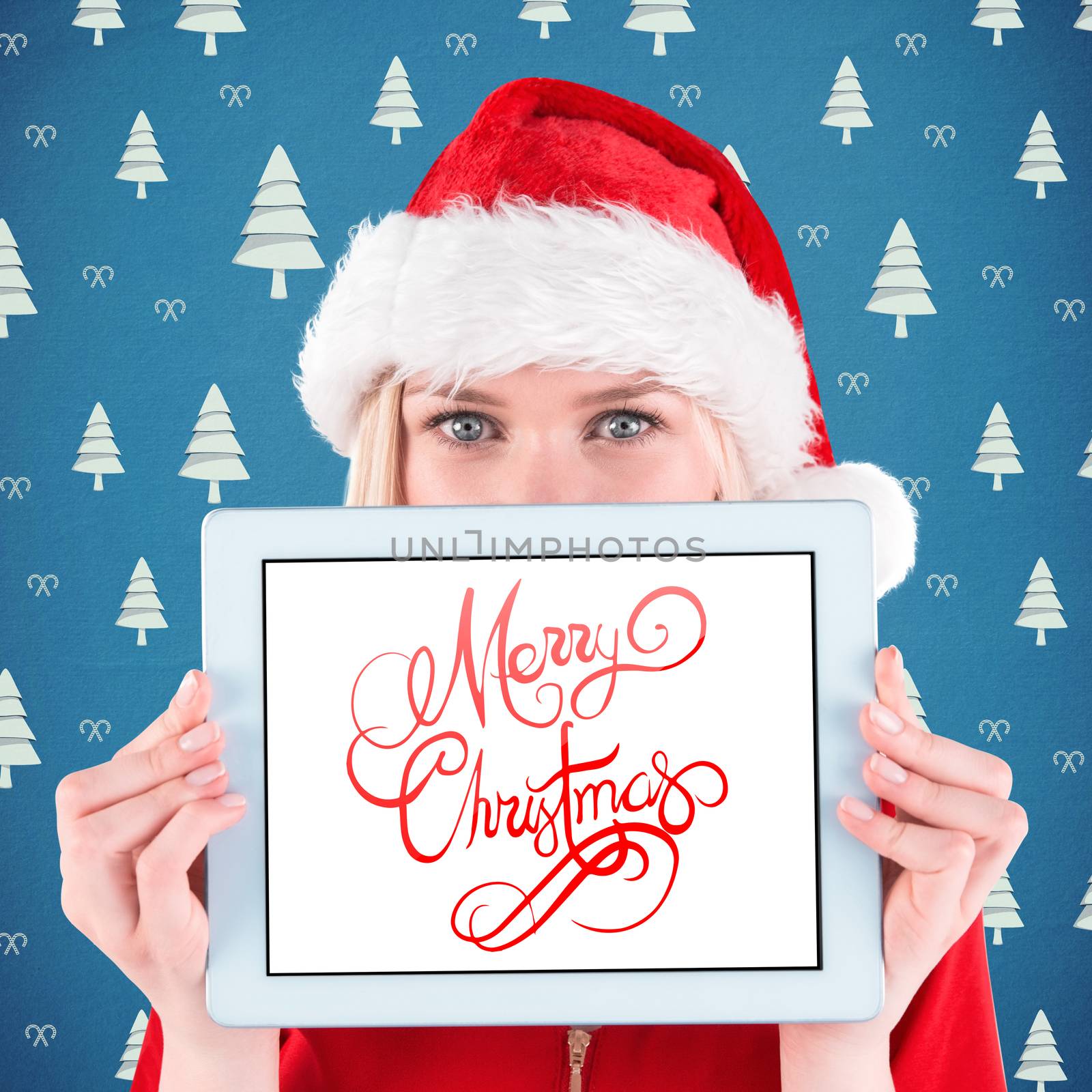 Festive blonde holding a tablet pc against fir tree wall paper