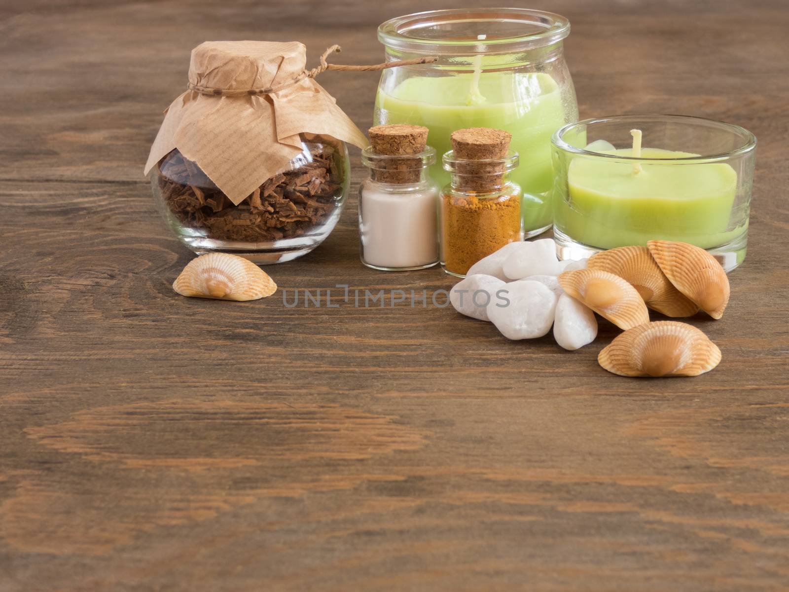 set ingredients and spice for aromatherapy and body care on wooden surface. SPA still life