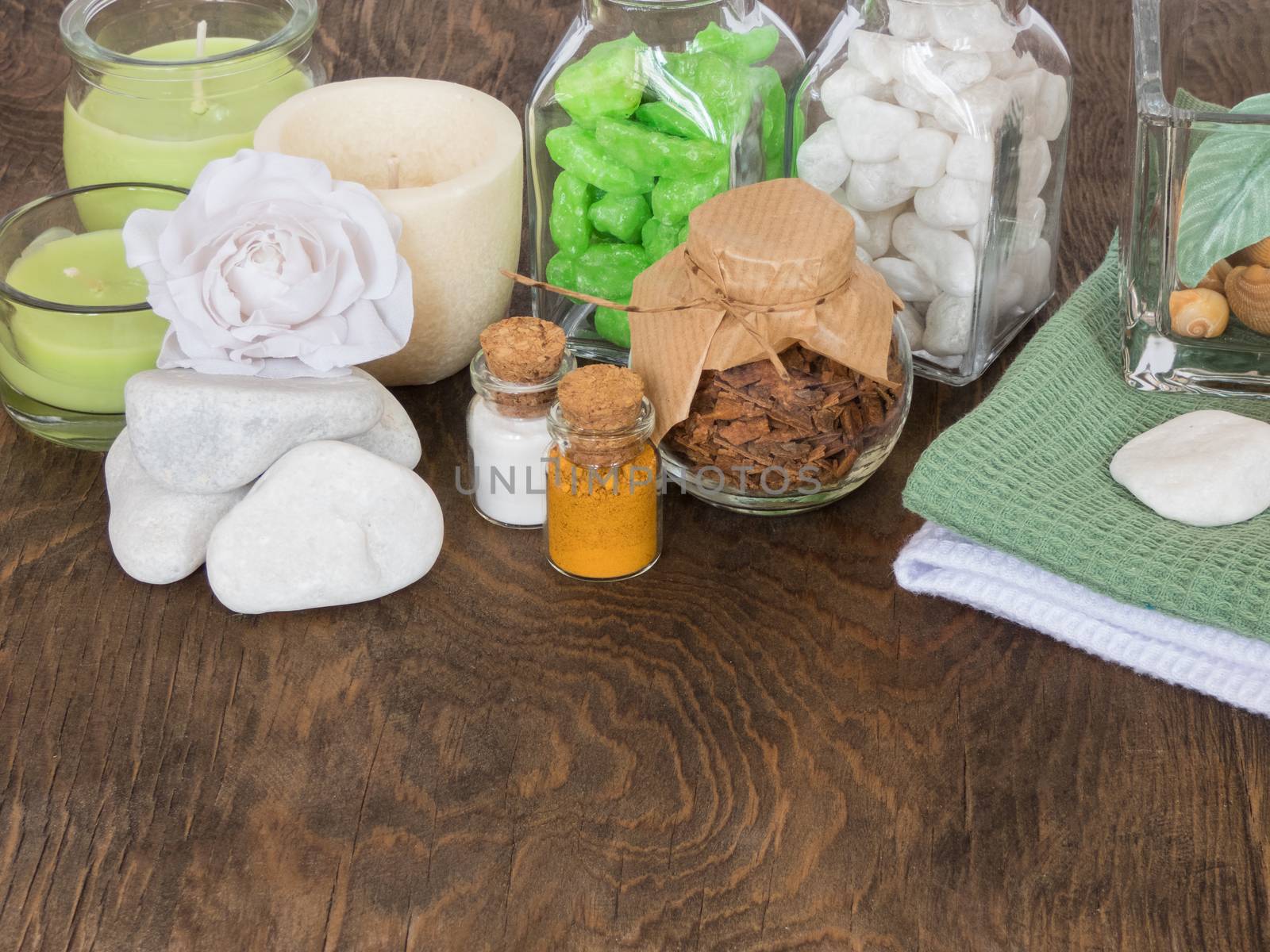 set ingredients and spice for aromatherapy and body care on wooden surface. SPA still life