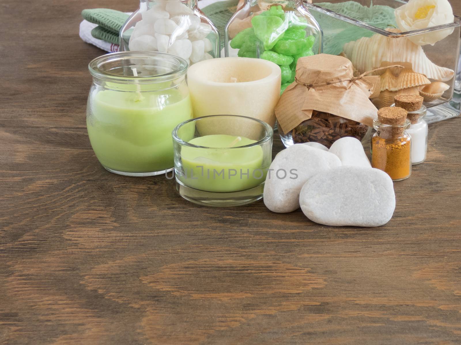set ingredients and spice for aromatherapy and body care on wooden surface. SPA still life