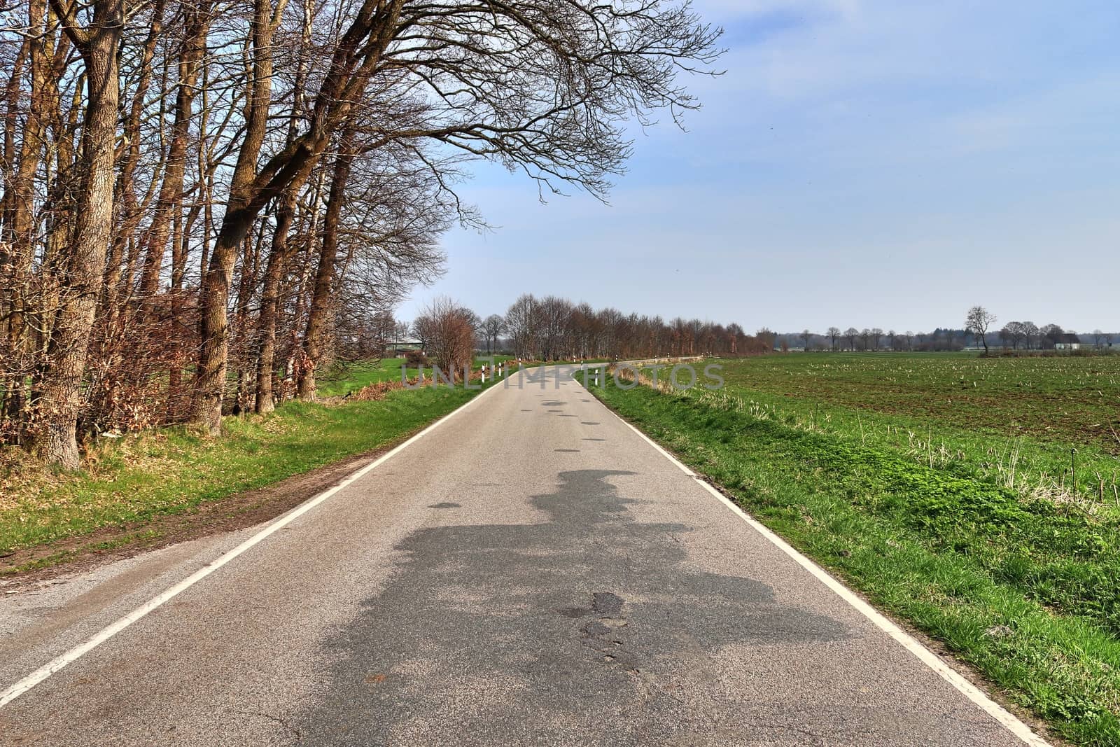 Beautiful view on countryside roads with fields and trees in northern europe.