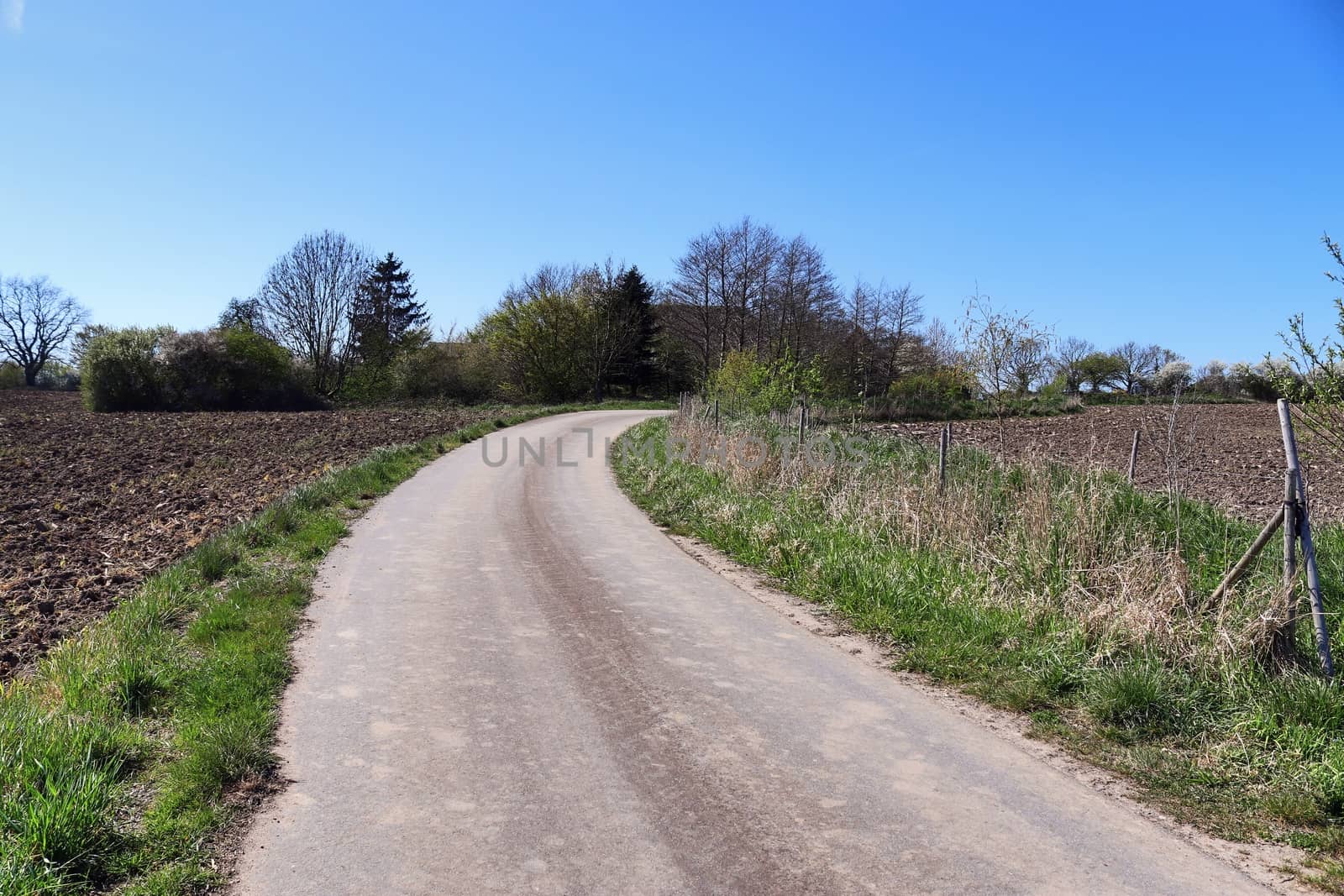 Beautiful view on countryside roads with fields and trees in northern europe.