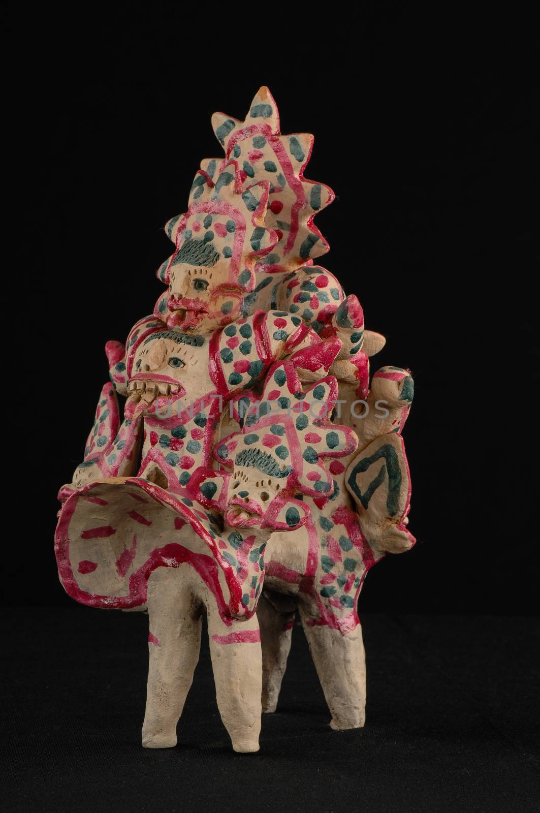 Asian and Oriental painted toy from burnt clay in the form of fantastic creatures and animals on a black background