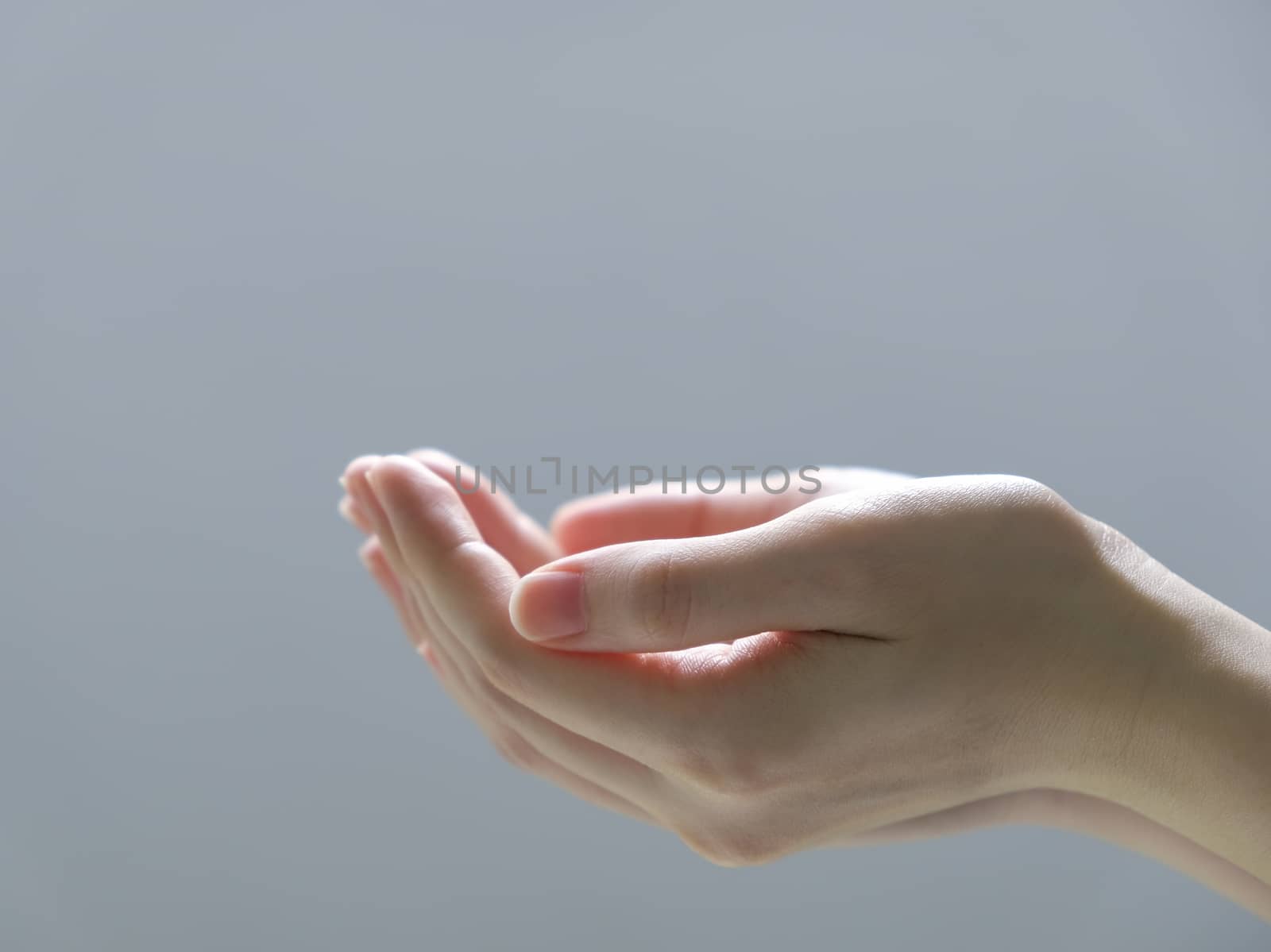 Woman hands on gray  background