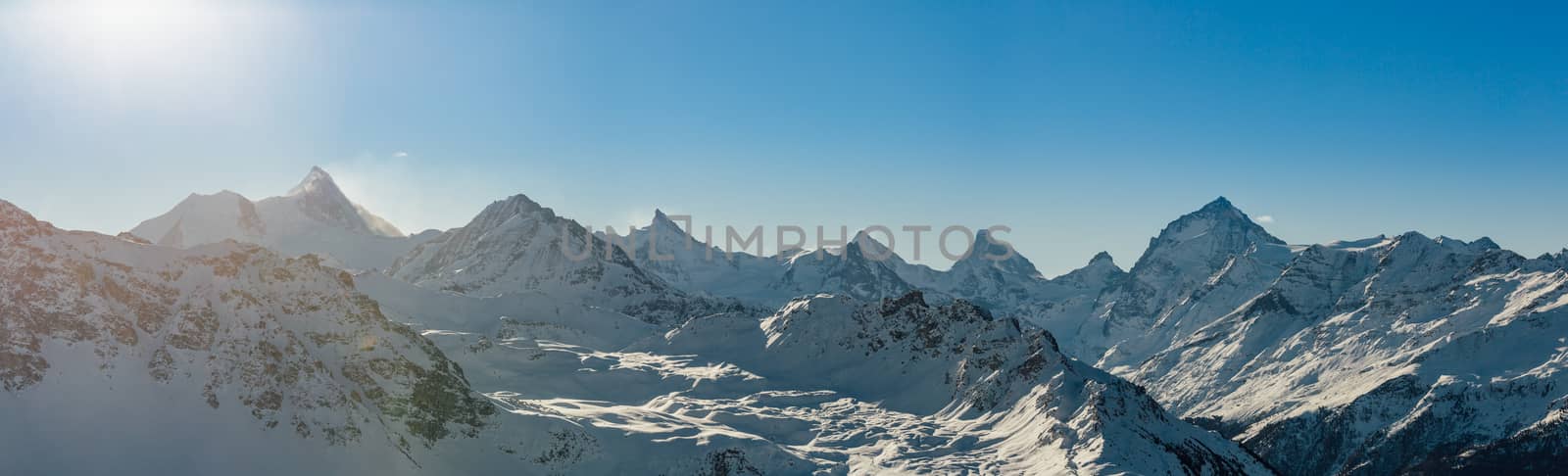 Panoramic view of some of Switzerland's highest mountains (Dent Blanche, Matterhorn, Weisshorn, Bishorn).