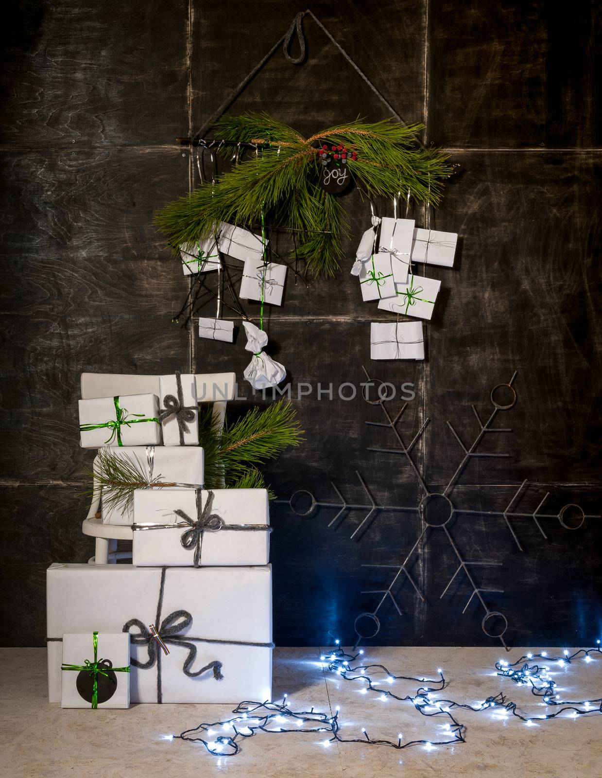 New Year and Christmas decorations Gift boxes on a dark background