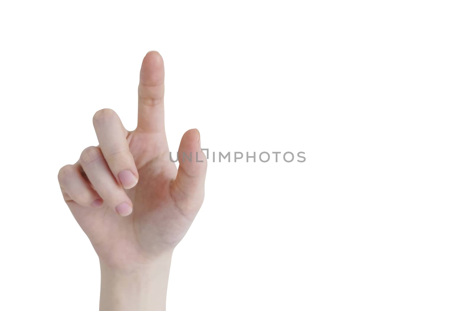 Woman hand touching someting isolated on white background with clipping path