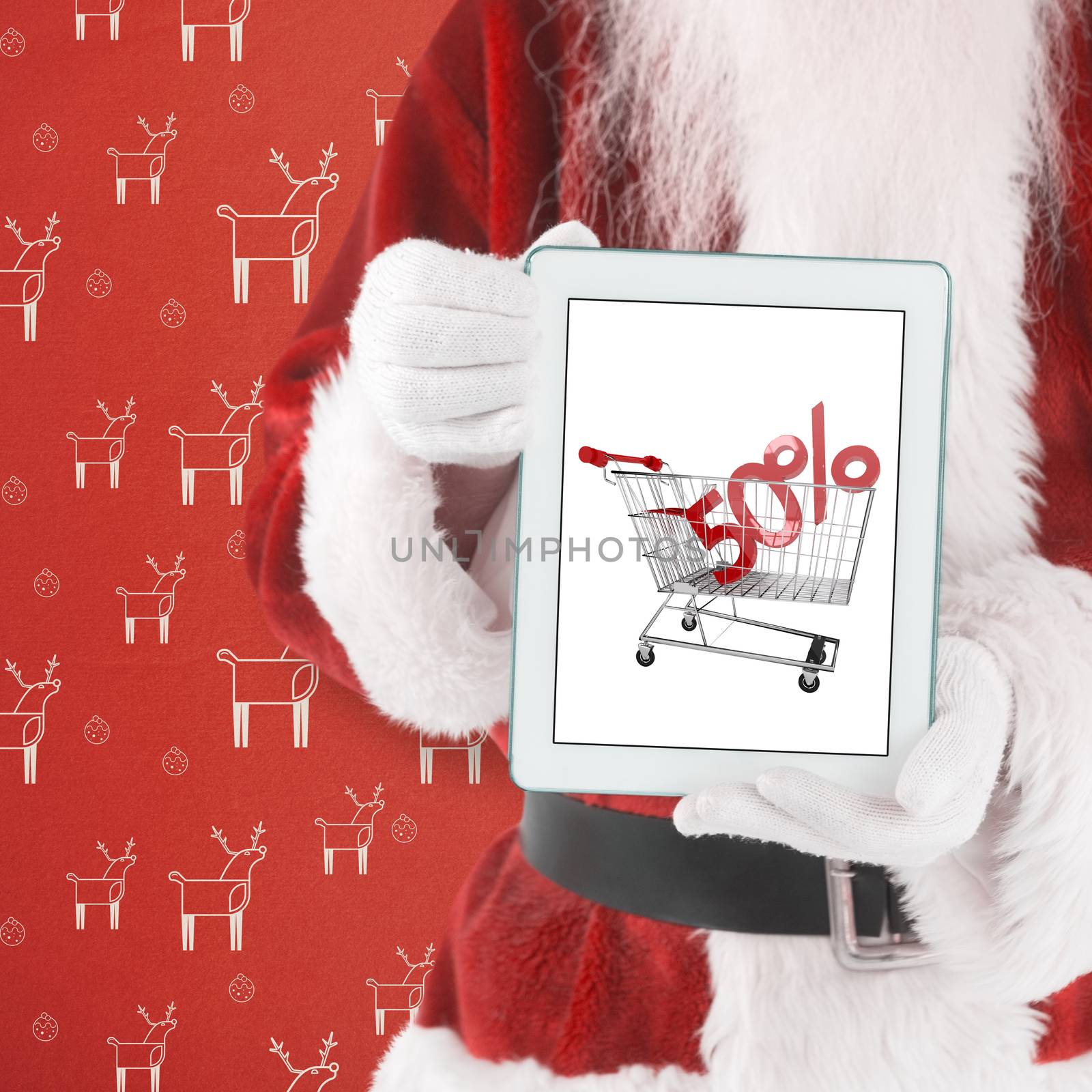 Santa presents a tablet PC against red reindeer pattern