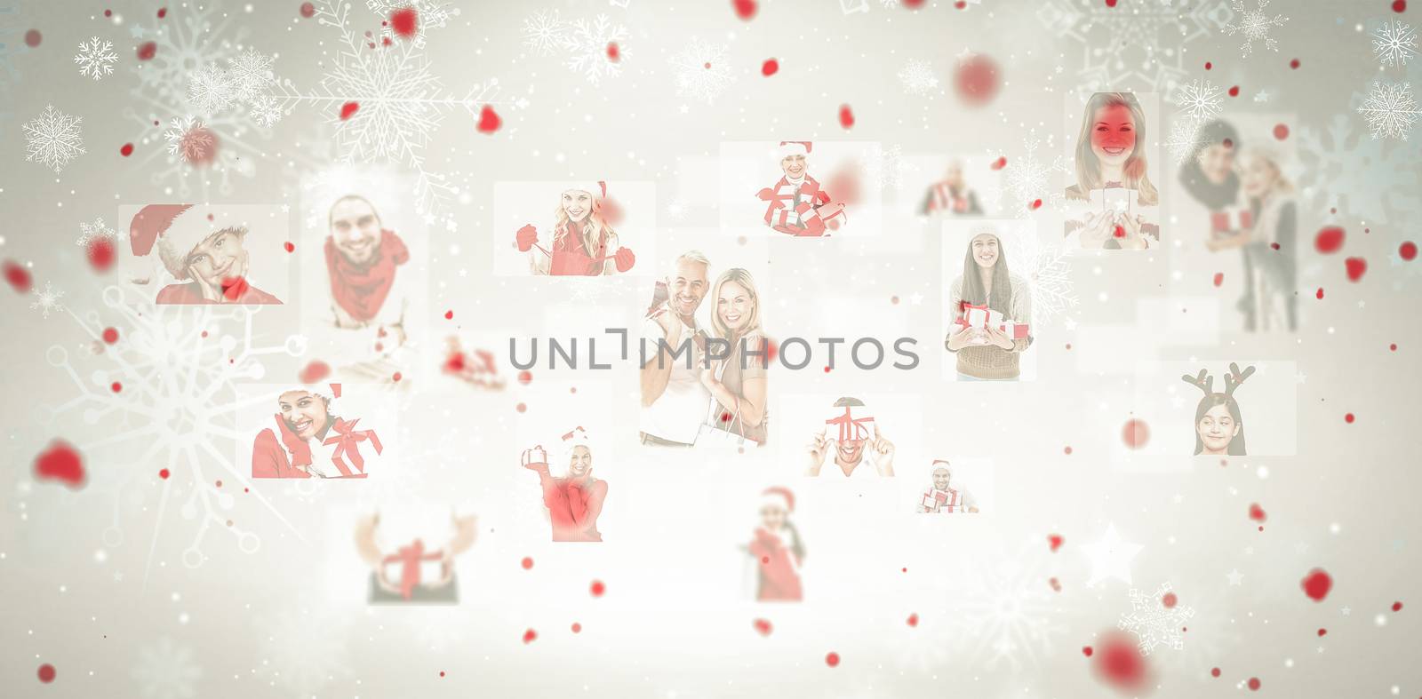 Christmas people collage against snowflake pattern
