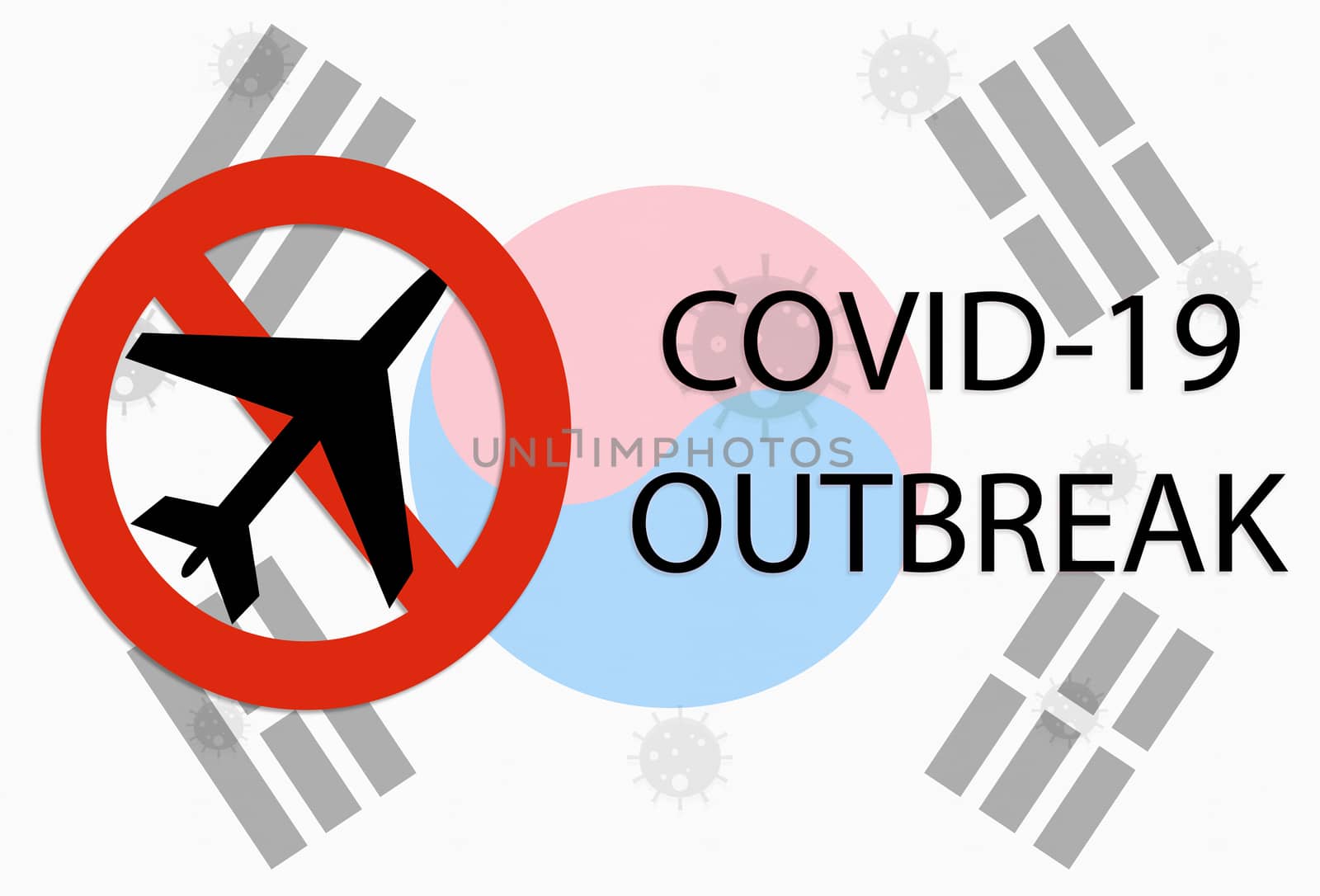 Concept of travel ban due to Covid-19, Coronavirus or nCov-19 showing with South Korea flag prohibited no entry symbol and virus. by lakshmiprasad.maski@gmai.com