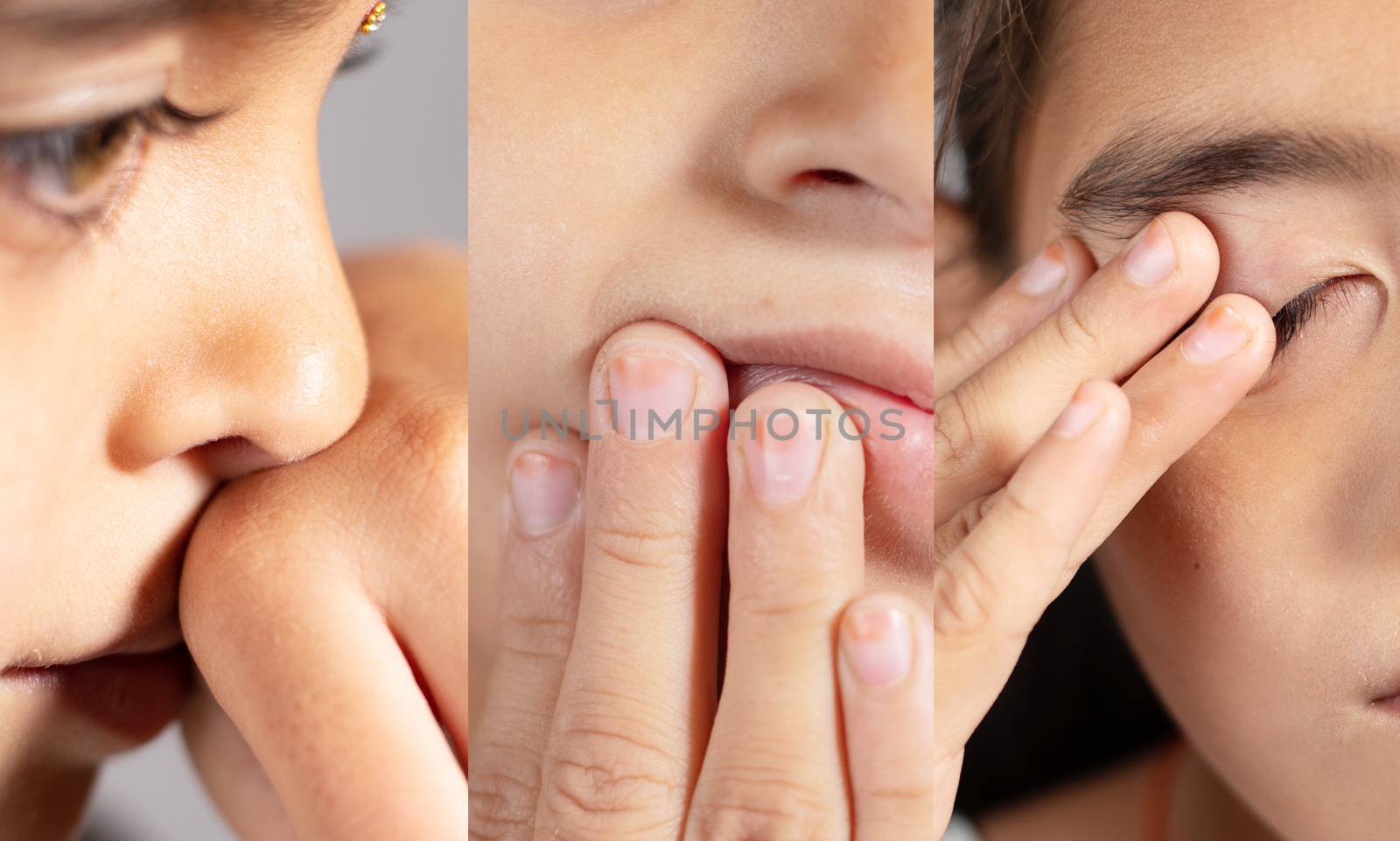 Collage of Young girl touches her nose, eyes and Mouth - Concept showing avoid touch face to protect and prevent form covid-19, sars cov 2 or coronavirus outbreak or spreading by lakshmiprasad.maski@gmai.com