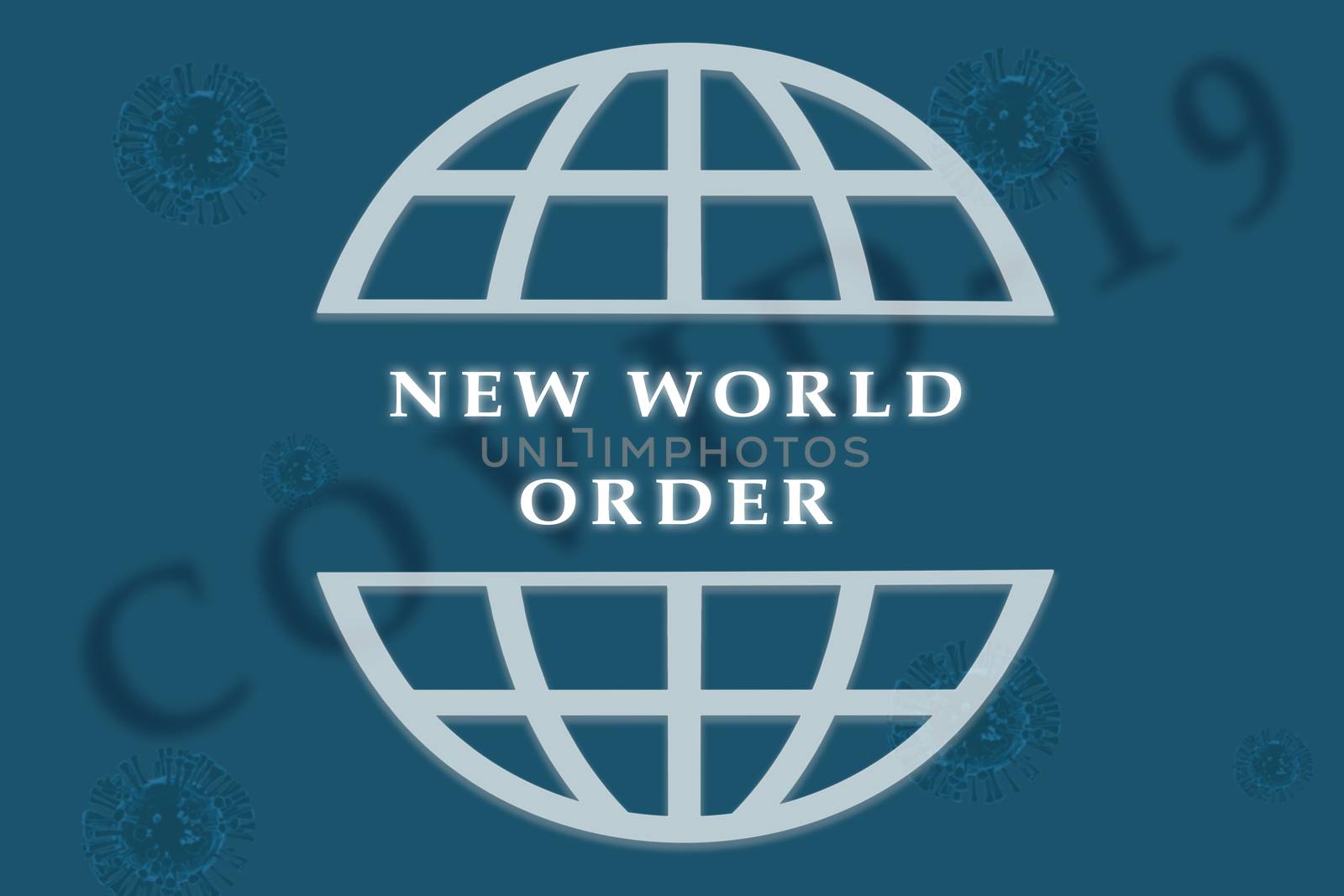 Concept of New world order in geopolitics after covid-19 or coronavirus outbreak showing with 3d rendered illustration of virus as background