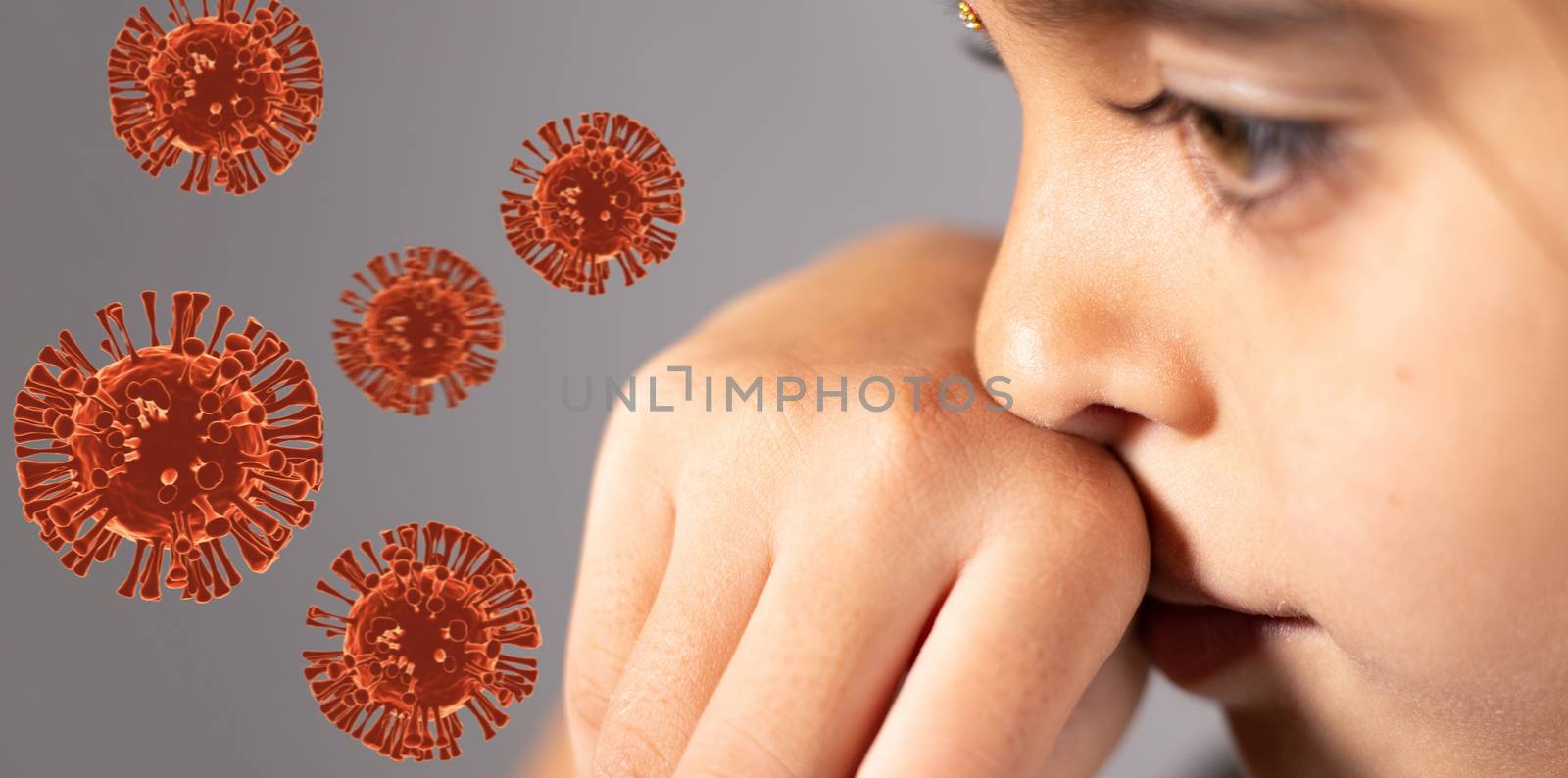 Extreme close up of child touch's her Nose - concept showing to prevent and Avoid touching your Nose. Protect from COVID-19 or coronavirus spreading or outbreak - with 3d rendered virus.