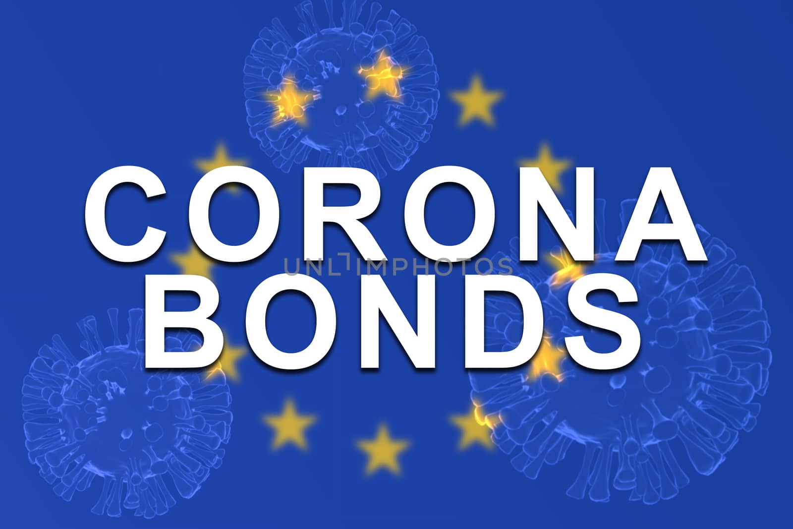 Corona Bonds on EU or European Union flag with 3d rendered illustration of virus as background