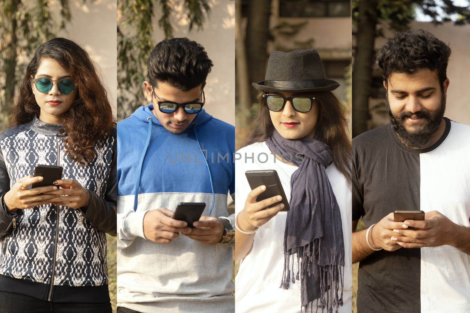 College of people busy on mobile - group of modern trendy millennials using smartphone - concept of social media, internet, e commerce, technology usage.