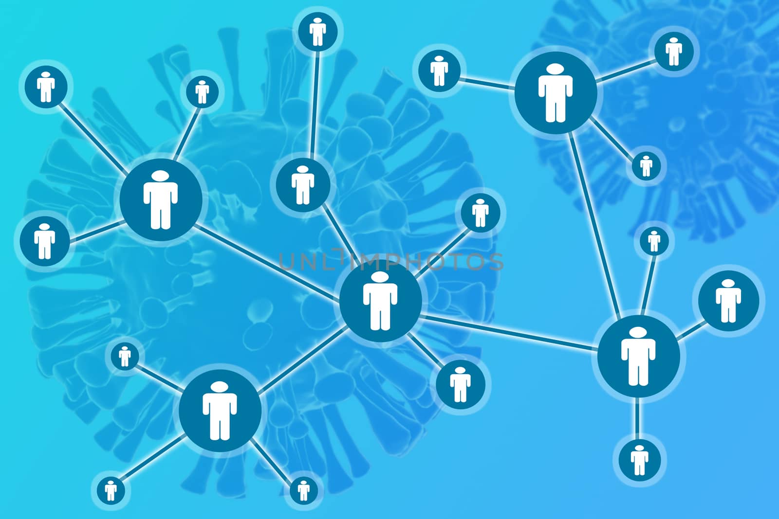 Concept of coronavirus or covid-19 contract tracing showing with network of connected illustrative humans with 3d rendered virus as background. by lakshmiprasad.maski@gmai.com