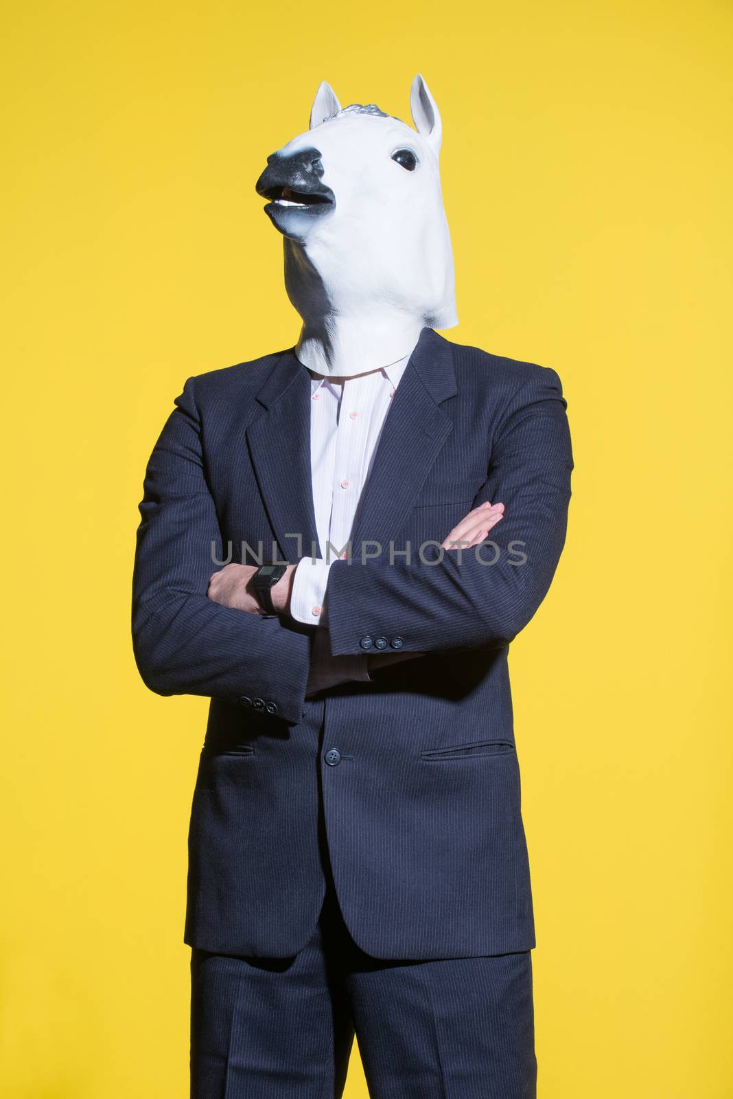 A man in a suit and a horse mask on a yellow background. Conceptual business background