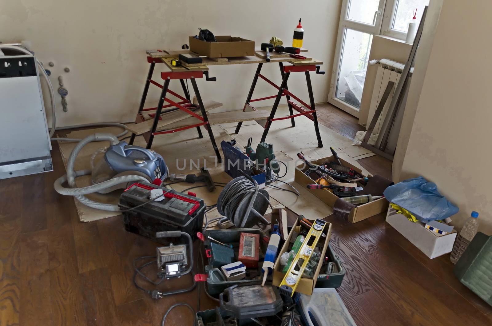Renovation of a room with some tools for cutting and assembling furniture, Sofia, Bulgaria