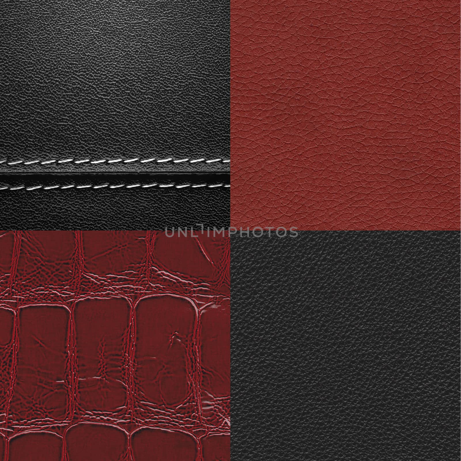 Leather backgrounds close-up set. Two black and two dark red textures.