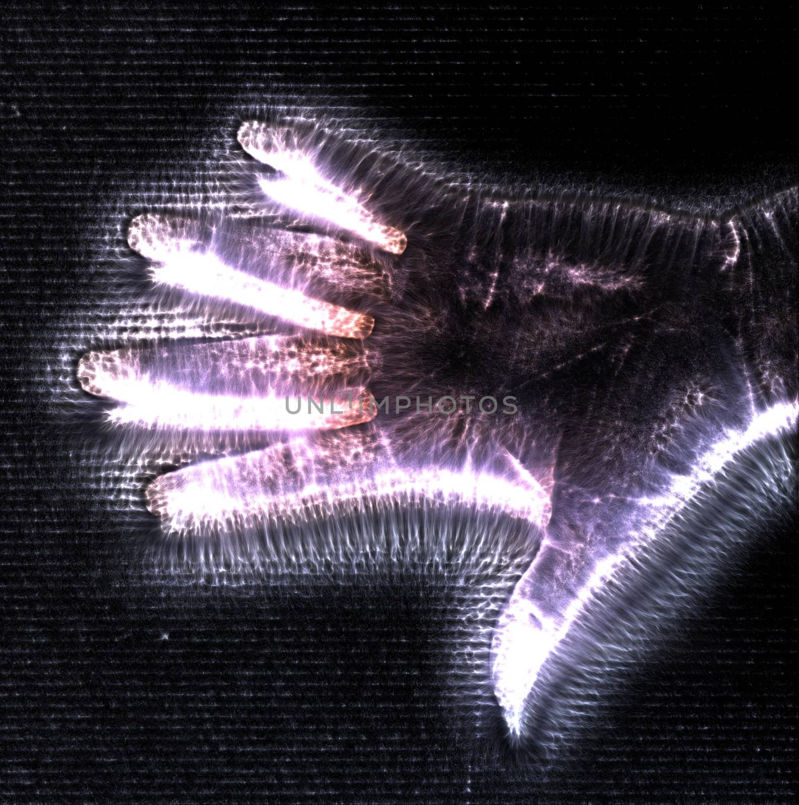 3D-Illustration of a glowing human female hand with a kirlian aura showing different symbols.